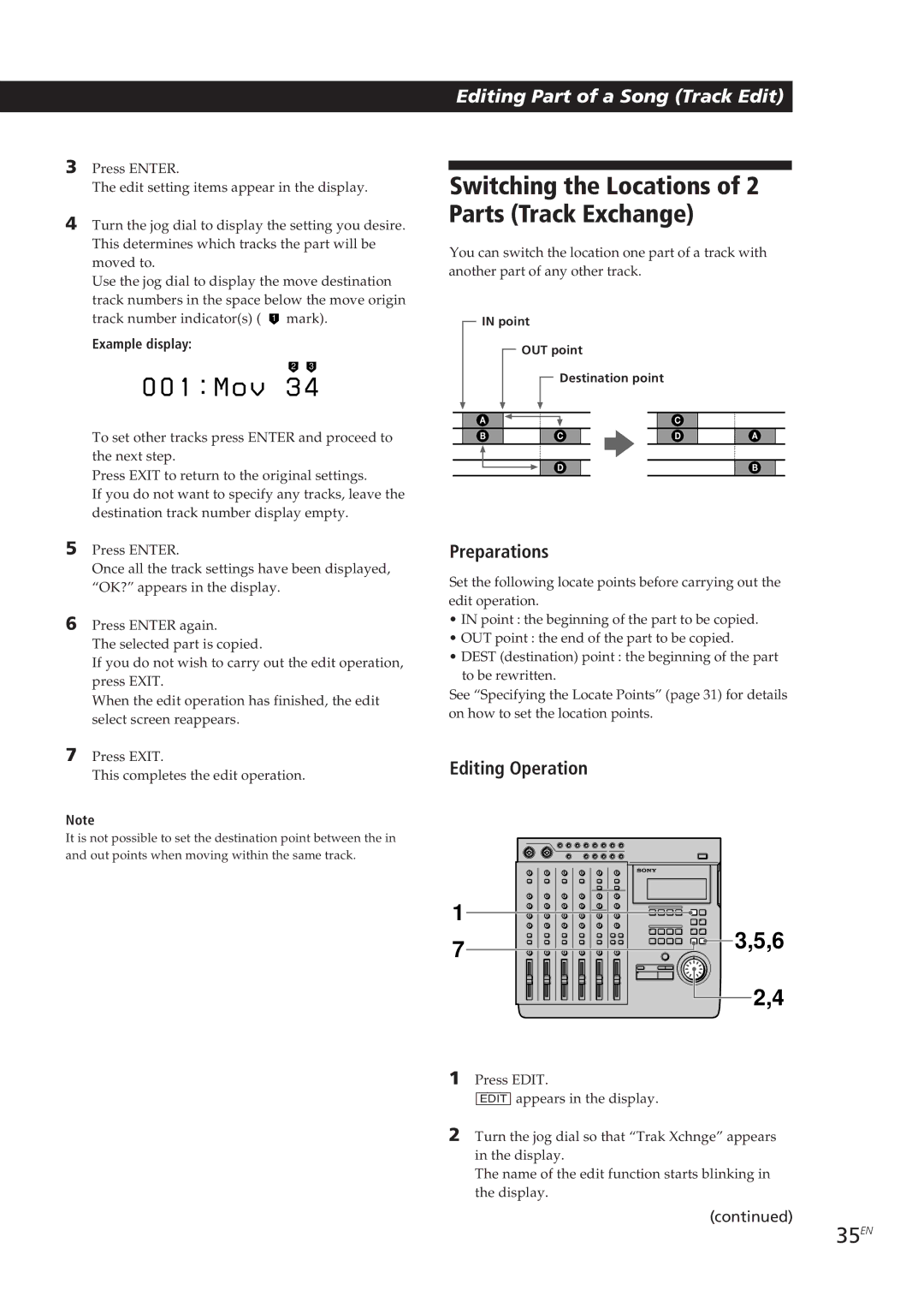 Sony MDM-X4 operating instructions M o v 3, Switching the Locations of 2 Parts Track Exchange, 35EN 