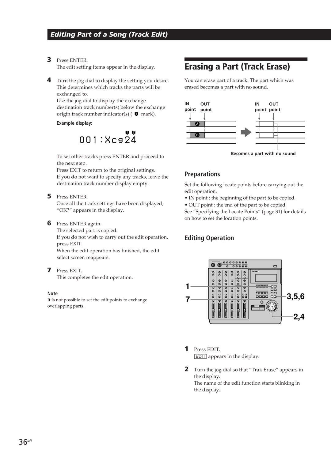 Sony MDM-X4 operating instructions X c g 2, Erasing a Part Track Erase, 36EN 