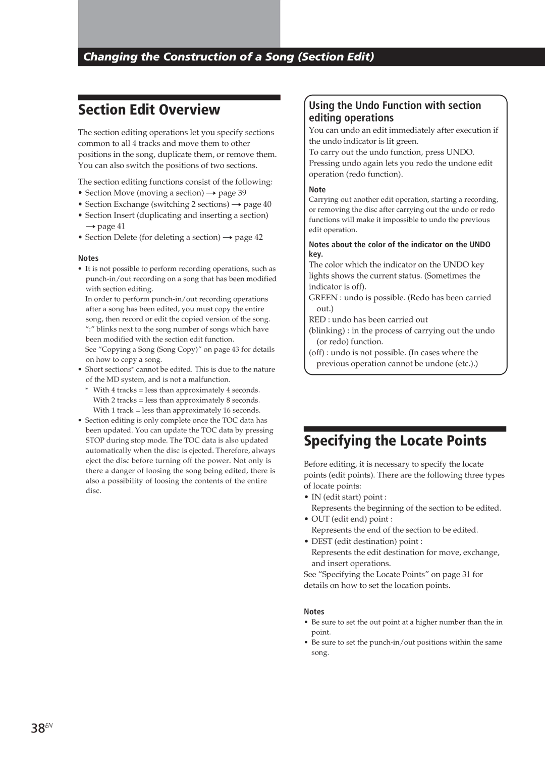 Sony MDM-X4 operating instructions Section Edit Overview, 38EN, Using the Undo Function with section editing operations 