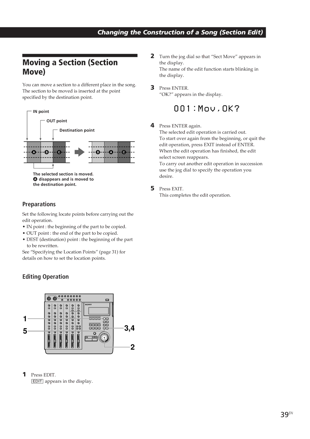 Sony MDM-X4 operating instructions M o v , O K ?, Moving a Section Section, Move, 39EN 