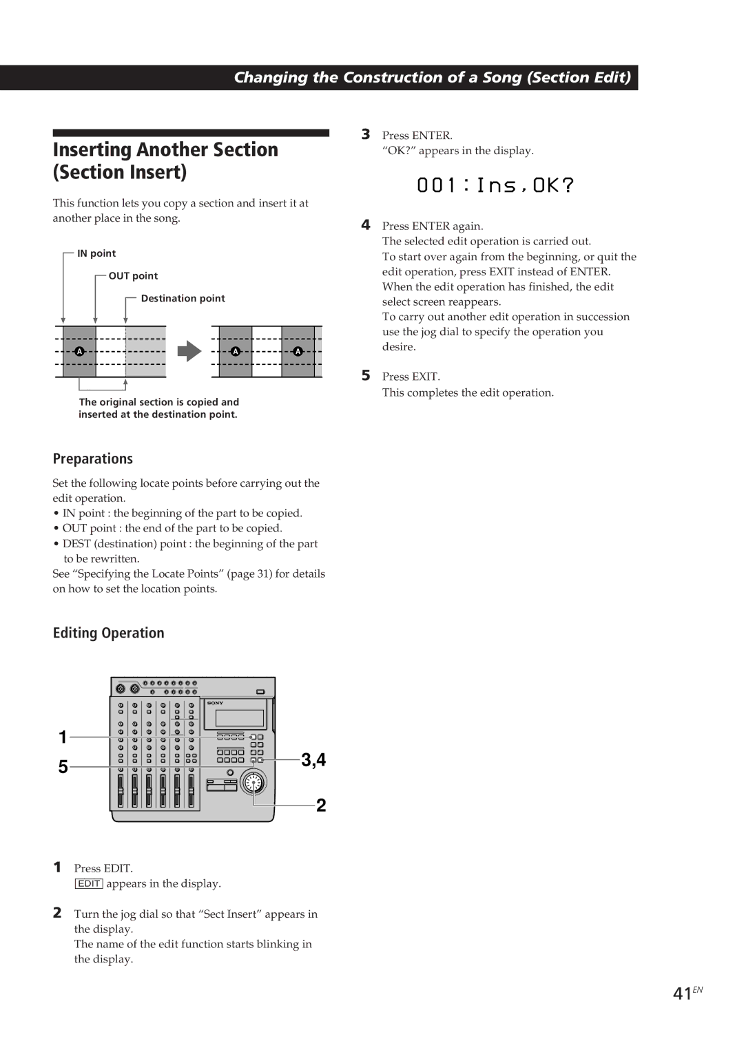 Sony MDM-X4 operating instructions I n s , O K ?, Section Insert, 41EN 