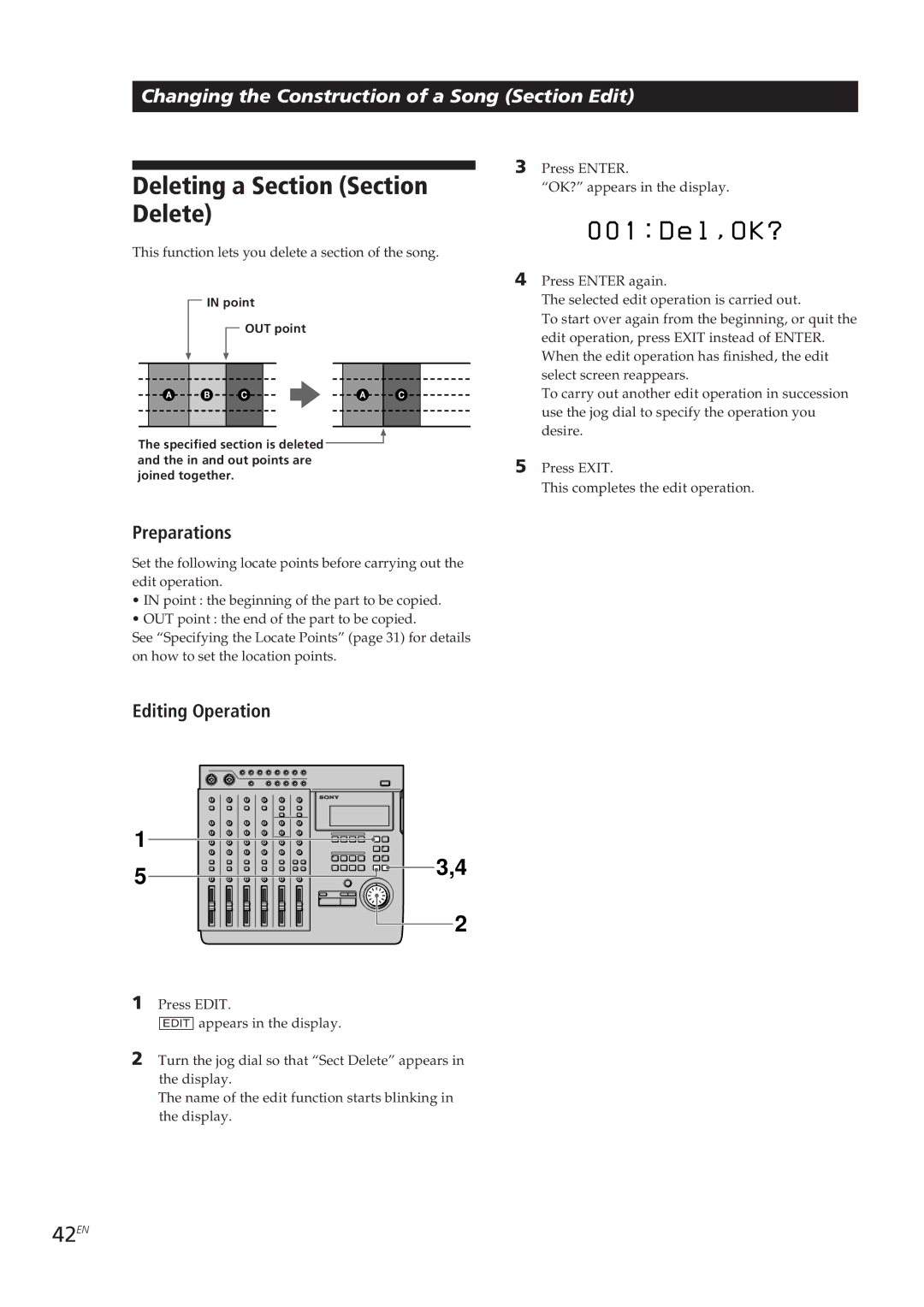 Sony MDM-X4 operating instructions D e l , O K ?, Delete, 42EN 