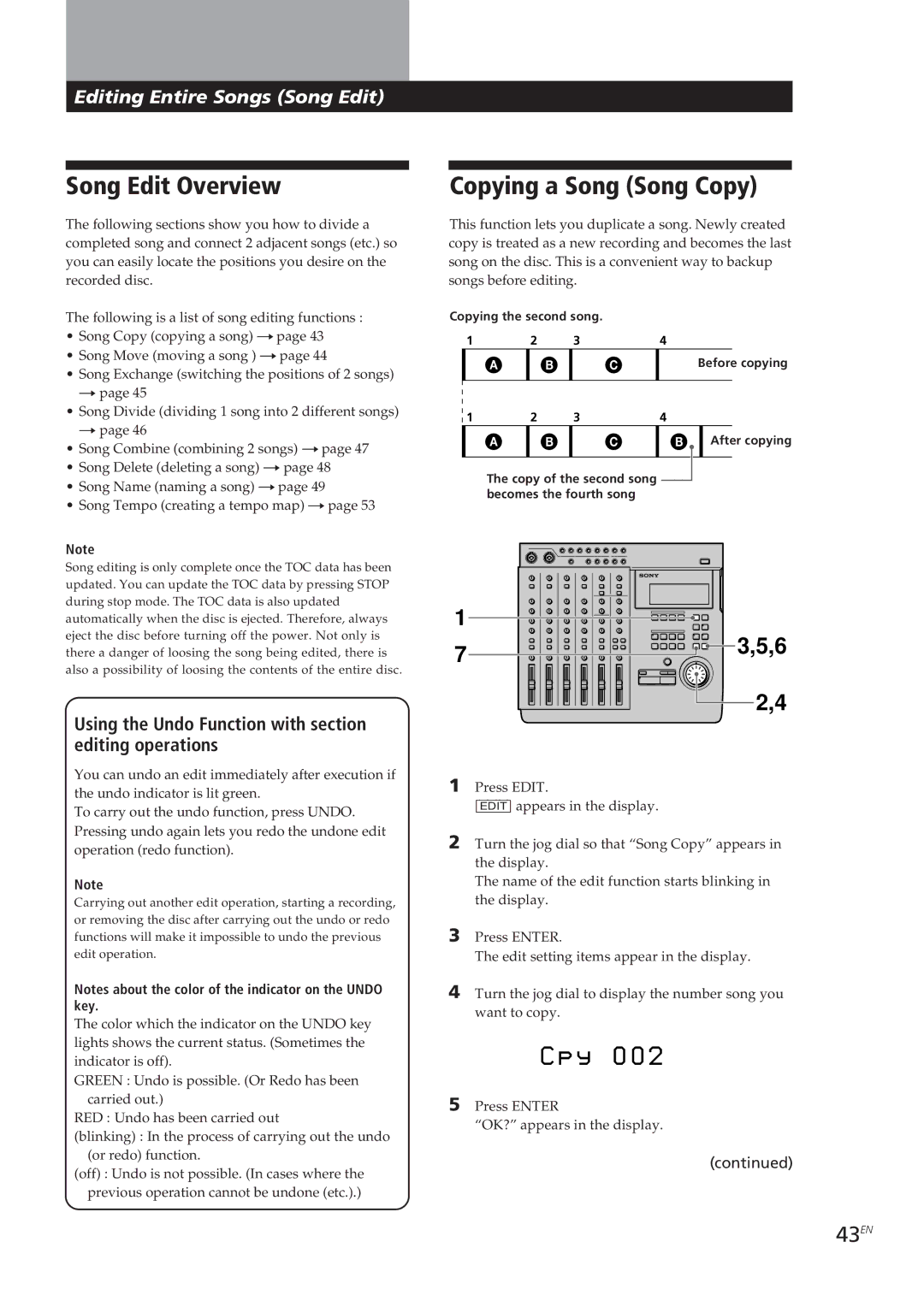 Sony MDM-X4 operating instructions Y 0 0, Song Edit Overview, Copying a Song Song Copy, 43EN 