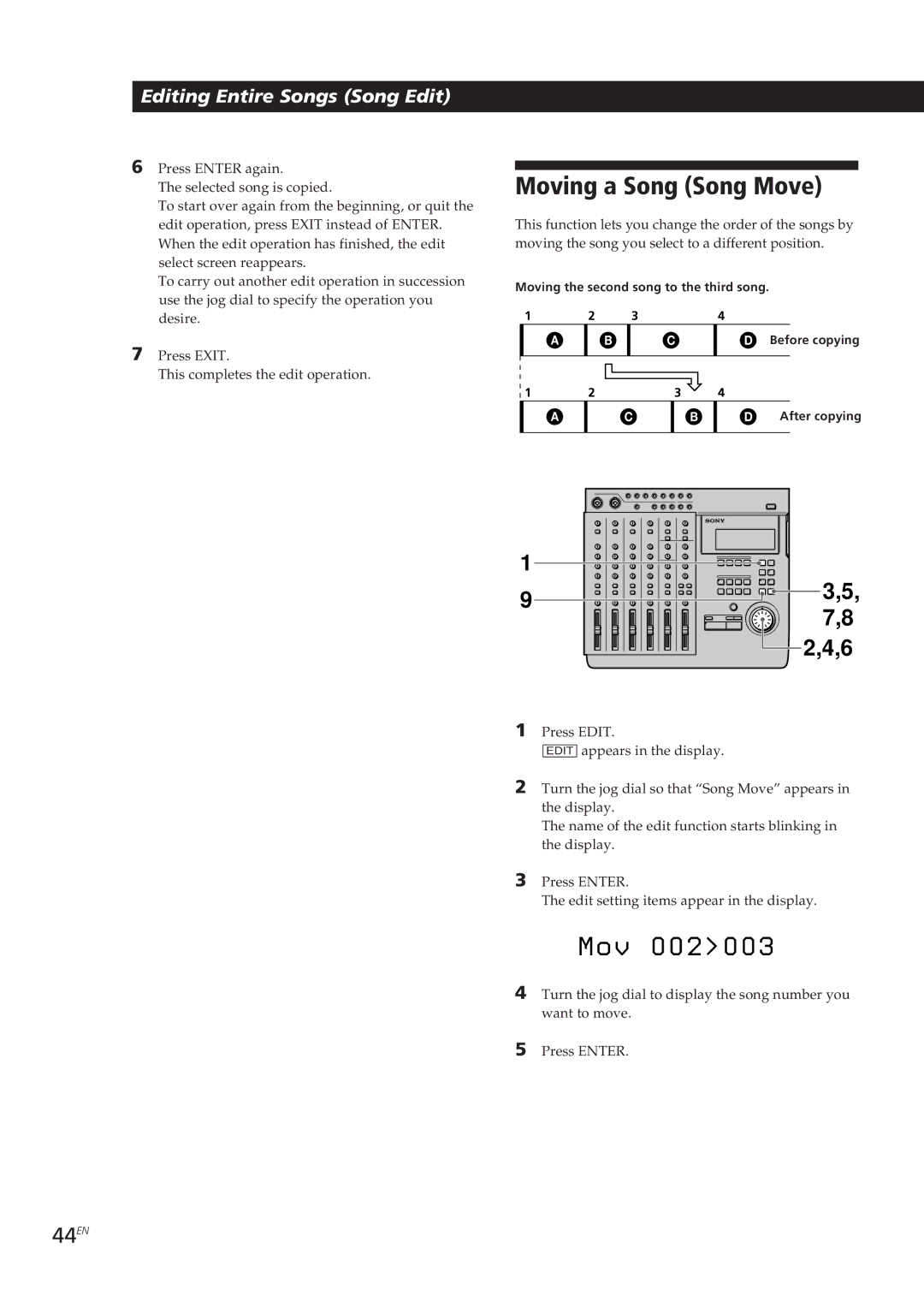 Sony MDM-X4 operating instructions V 0 0 2 0 0, Moving a Song Song Move, 44EN 