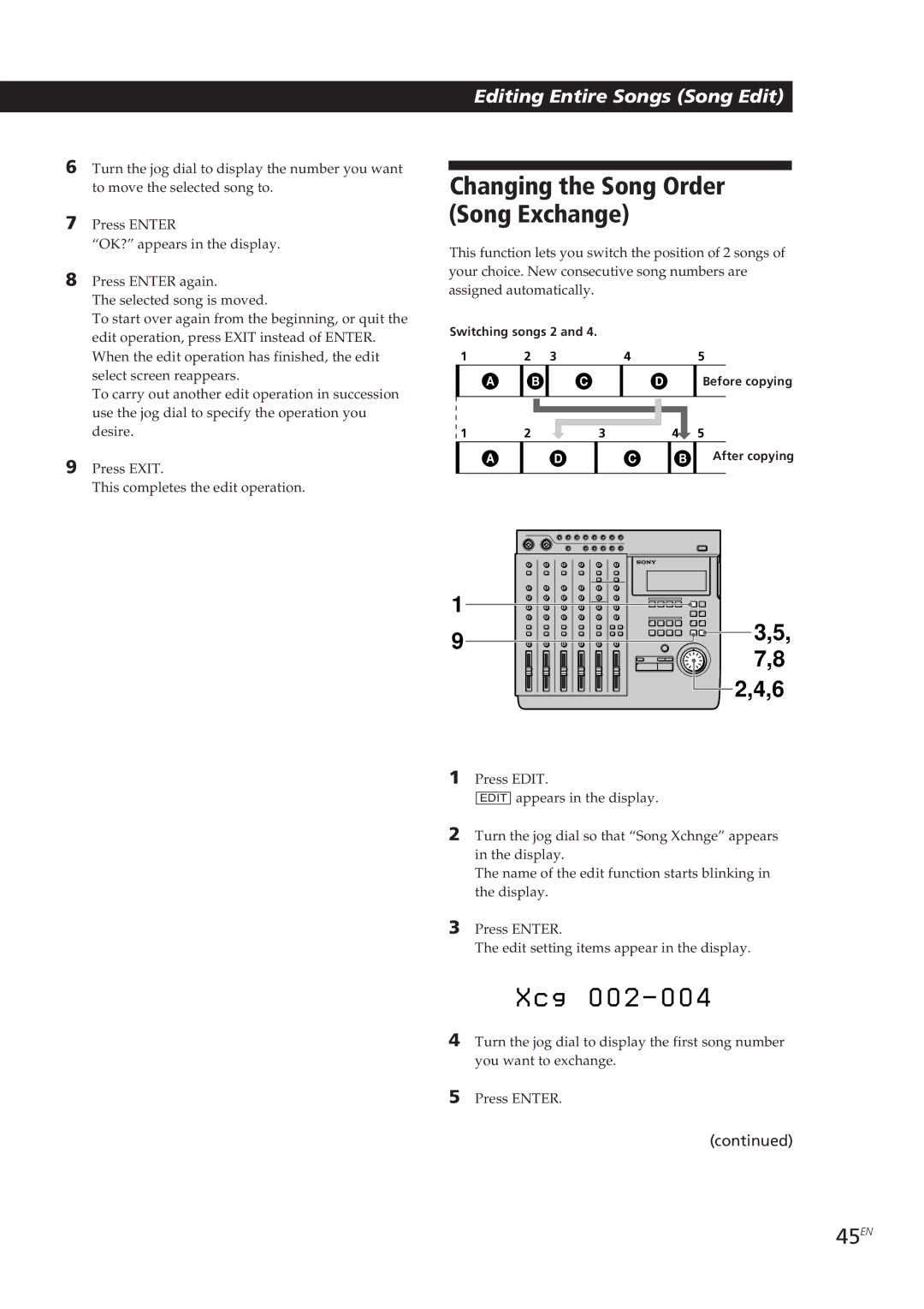 Sony MDM-X4 operating instructions G 0 0 2 0 0, Changing the Song Order Song Exchange, 45EN 