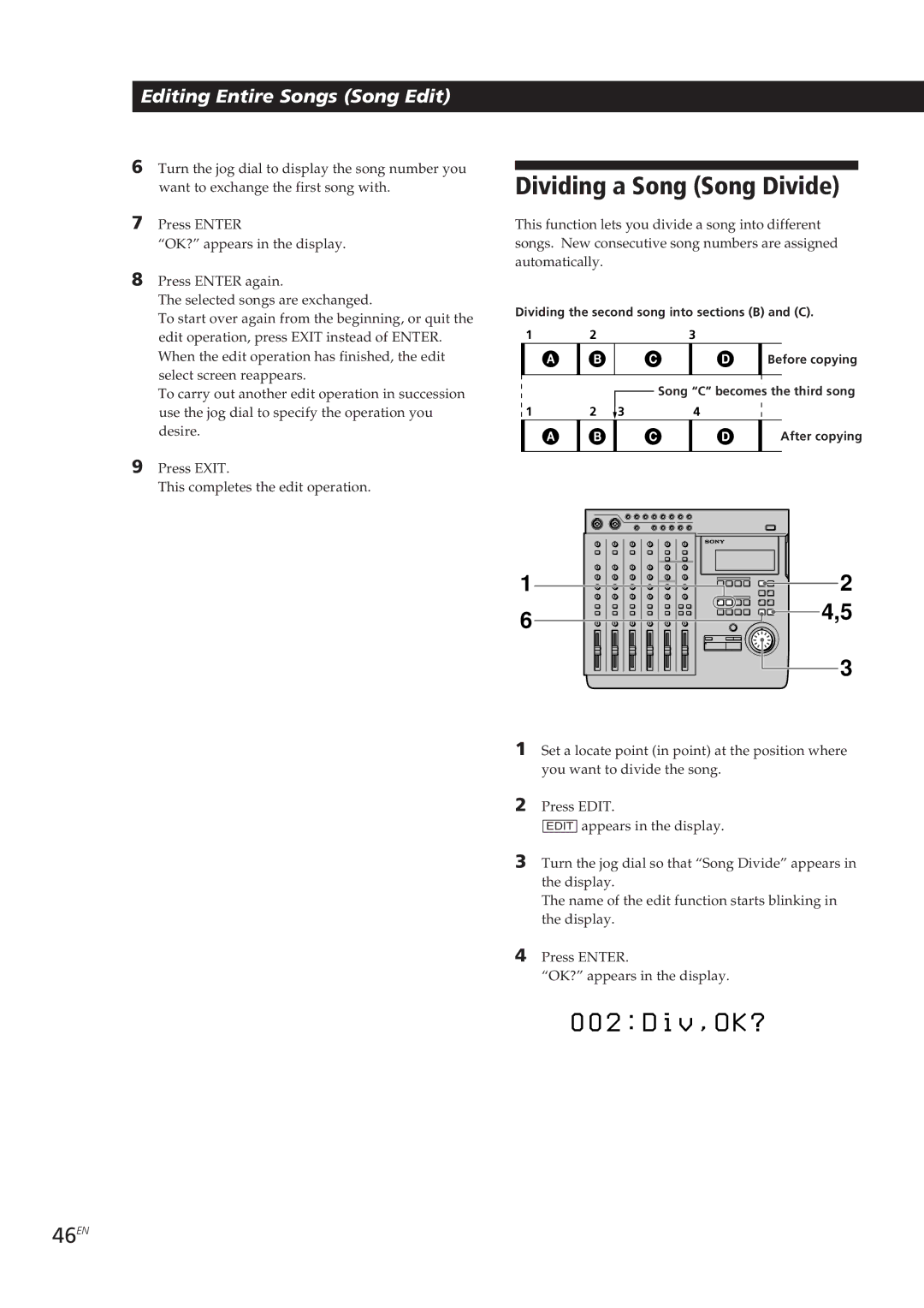 Sony MDM-X4 operating instructions D i v , O K ?, Dividing a Song Song Divide, 46EN 