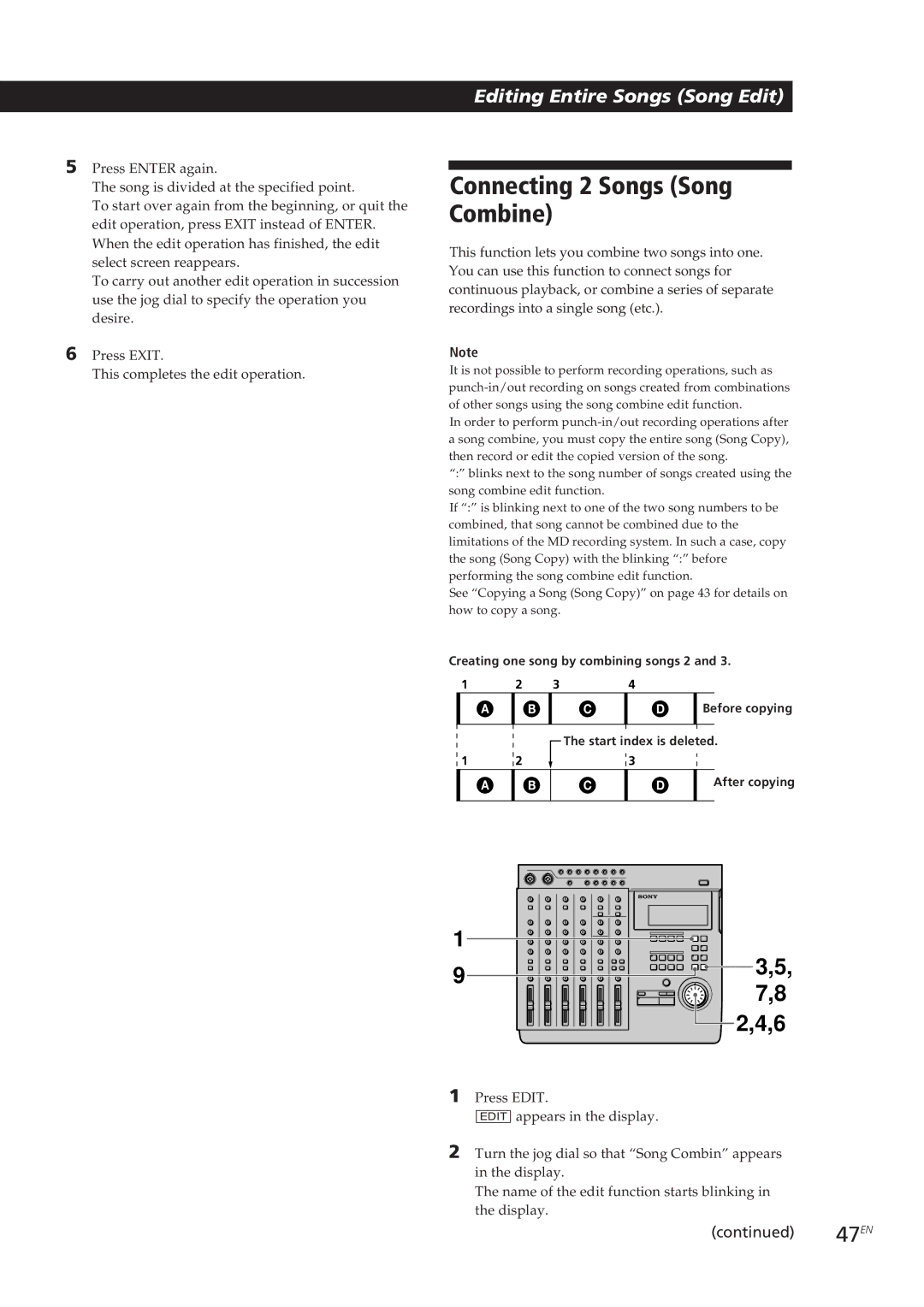 Sony MDM-X4 operating instructions Connecting 2 Songs Song Combine 