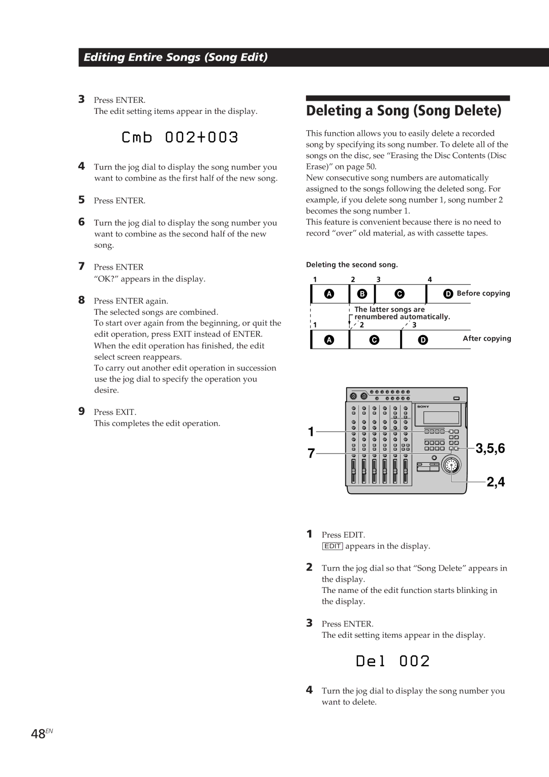 Sony MDM-X4 operating instructions L 0 0, Deleting a Song Song Delete, 48EN 