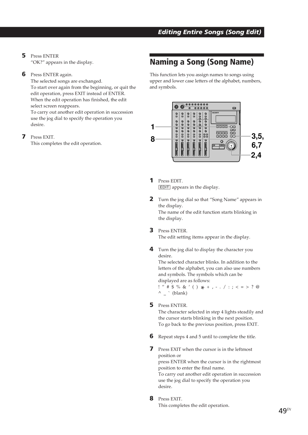 Sony MDM-X4 operating instructions Naming a Song Song Name, 49EN 