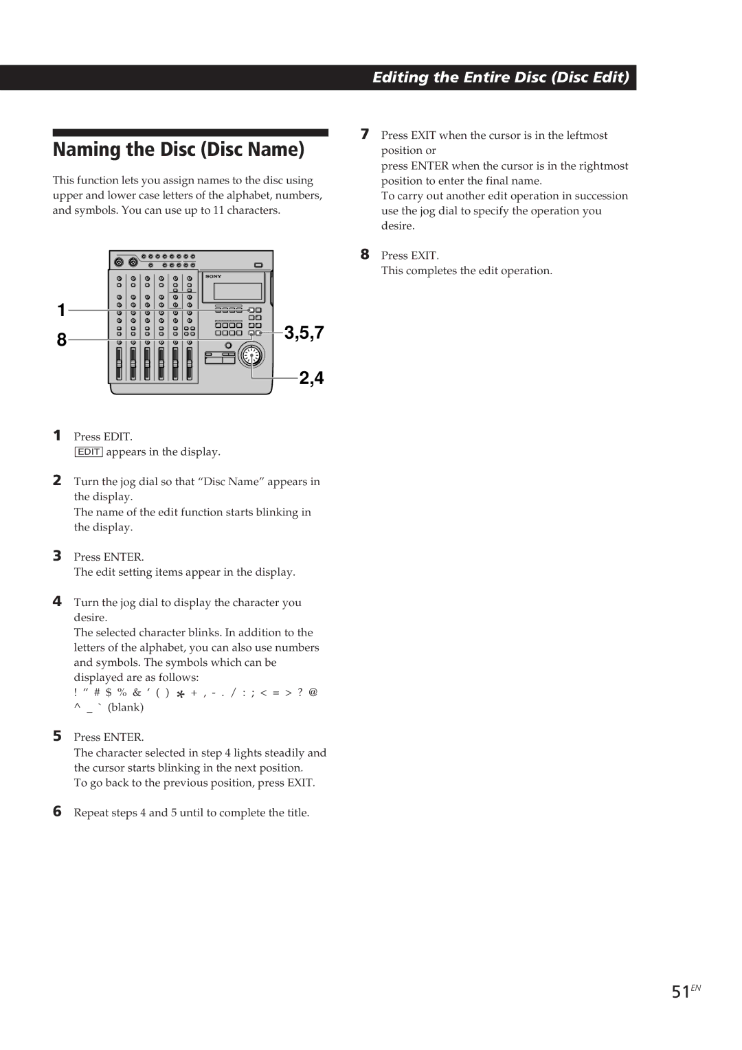 Sony MDM-X4 operating instructions Naming the Disc Disc Name, 51EN 