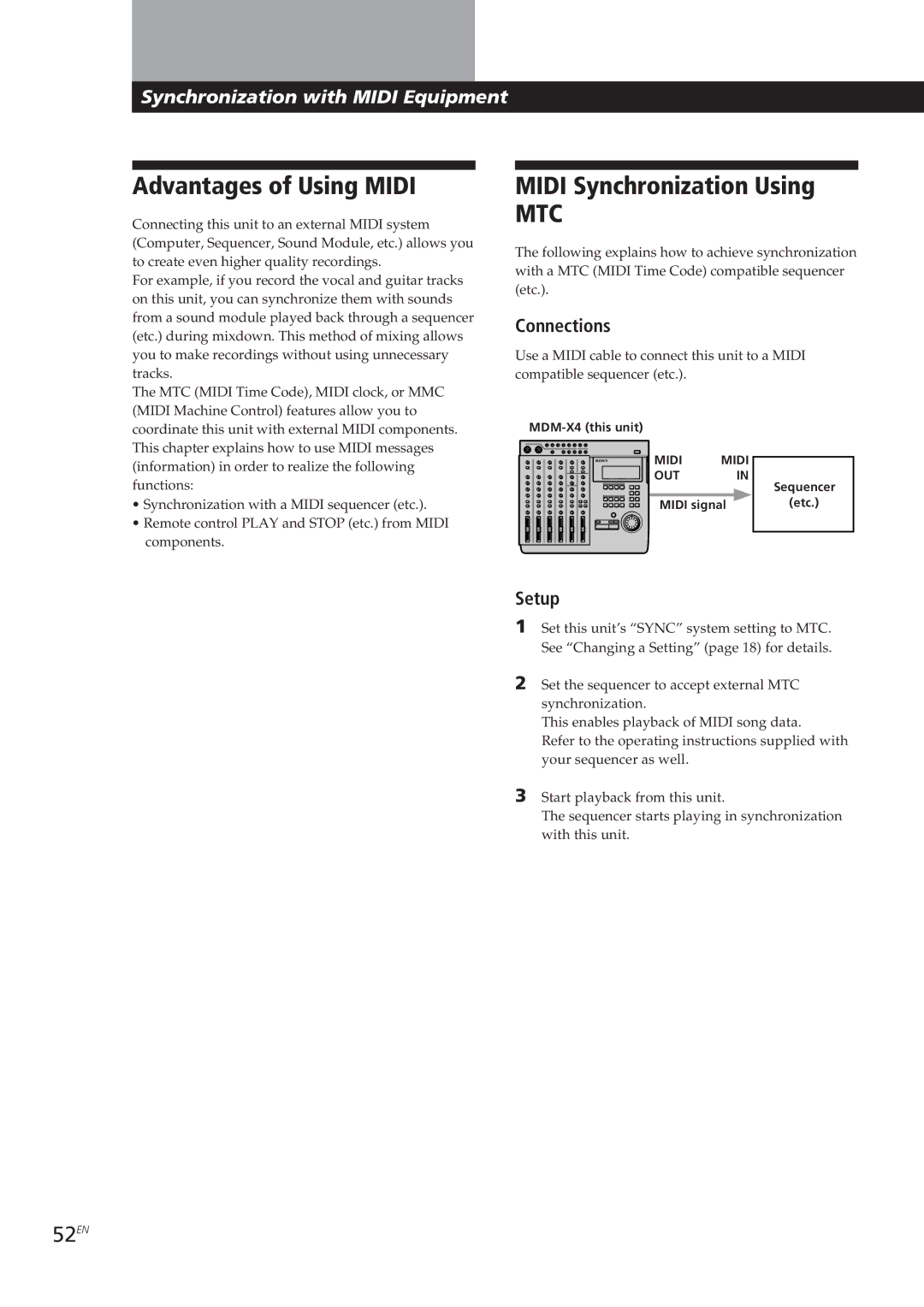 Sony MDM-X4 operating instructions Advantages of Using Midi, Midi Synchronization Using, 52EN, Connections, Setup 