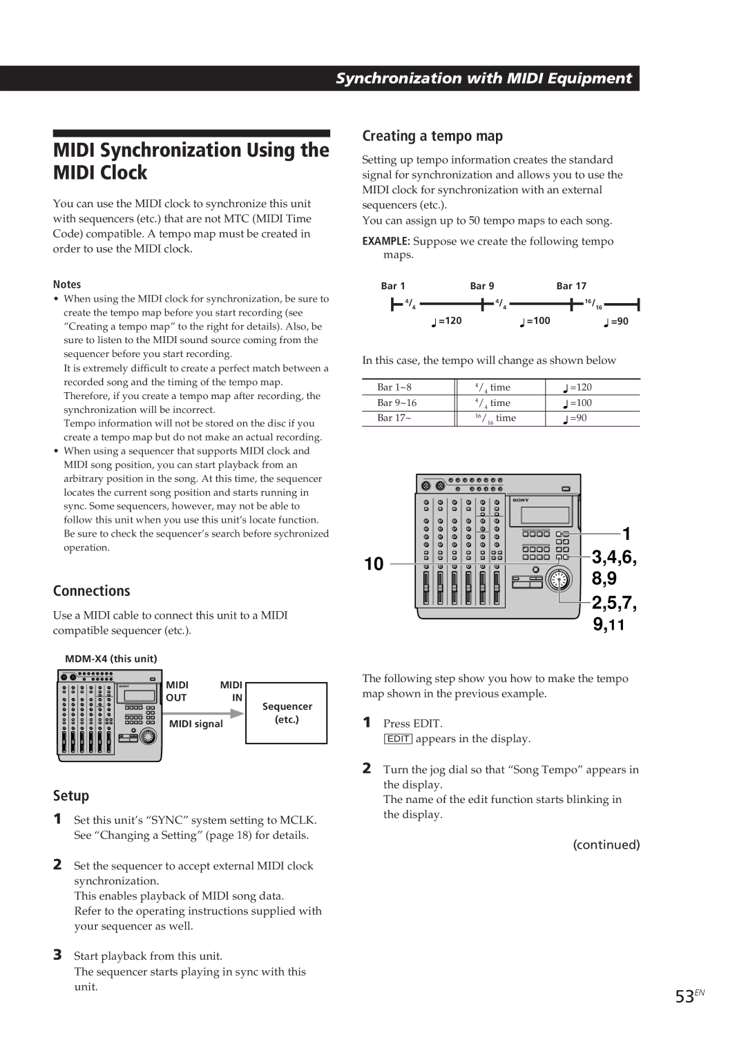 Sony MDM-X4 operating instructions Midi Synchronization Using the Midi Clock, 53EN, Creating a tempo map 