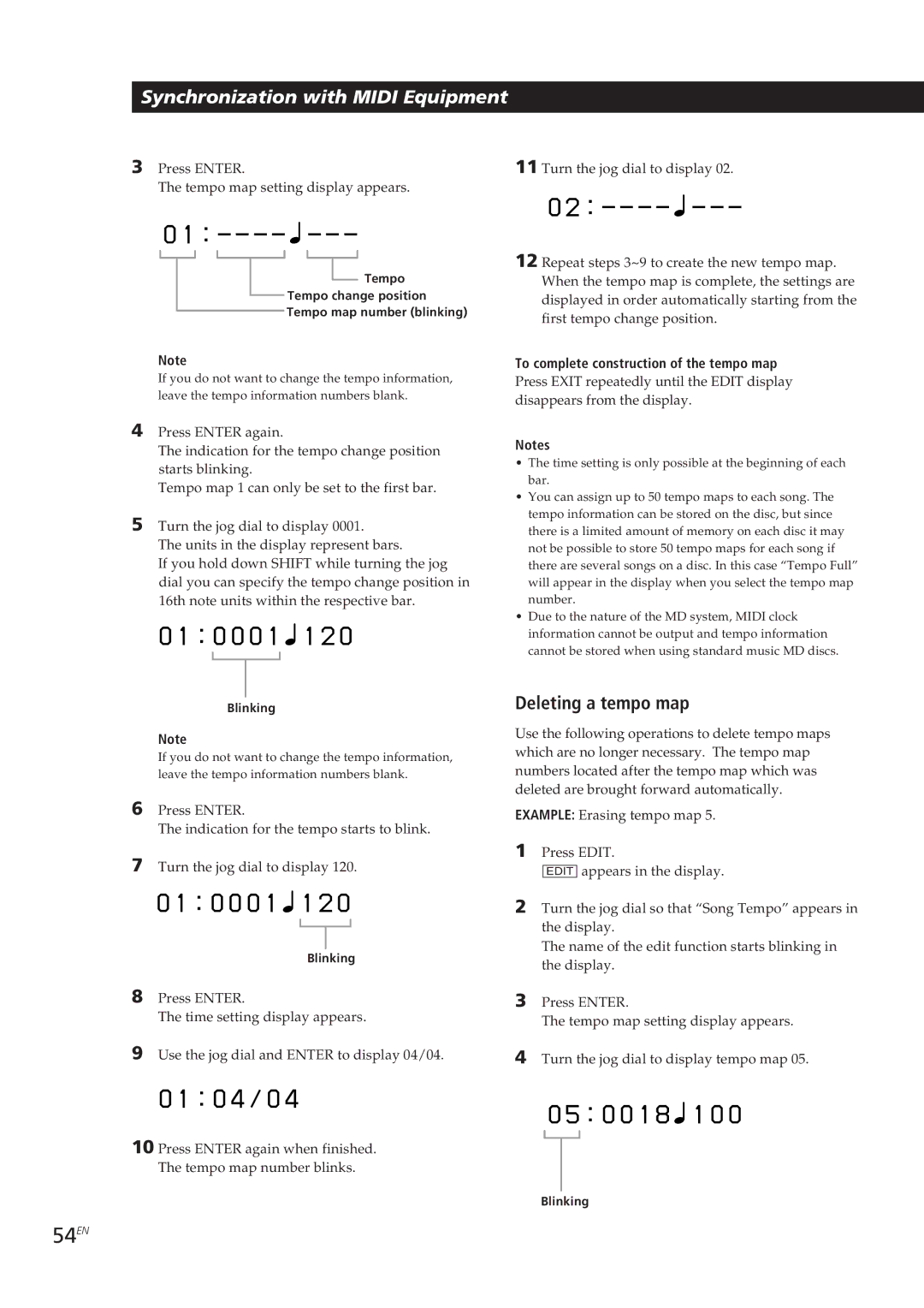 Sony MDM-X4 0 0 0 1 1 2, 0 4 / 0 0 0 1 8 1 0, 54EN, Deleting a tempo map, To complete construction of the tempo map 
