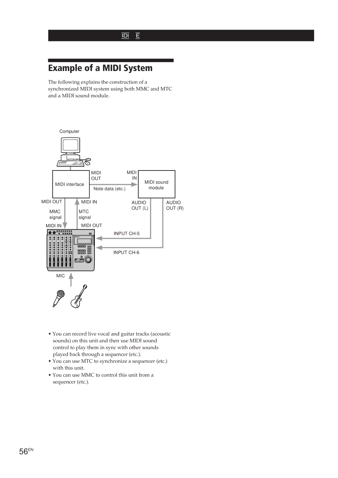 Sony MDM-X4 operating instructions Example of a Midi System, 56EN, Connections, Features available from this type of system 