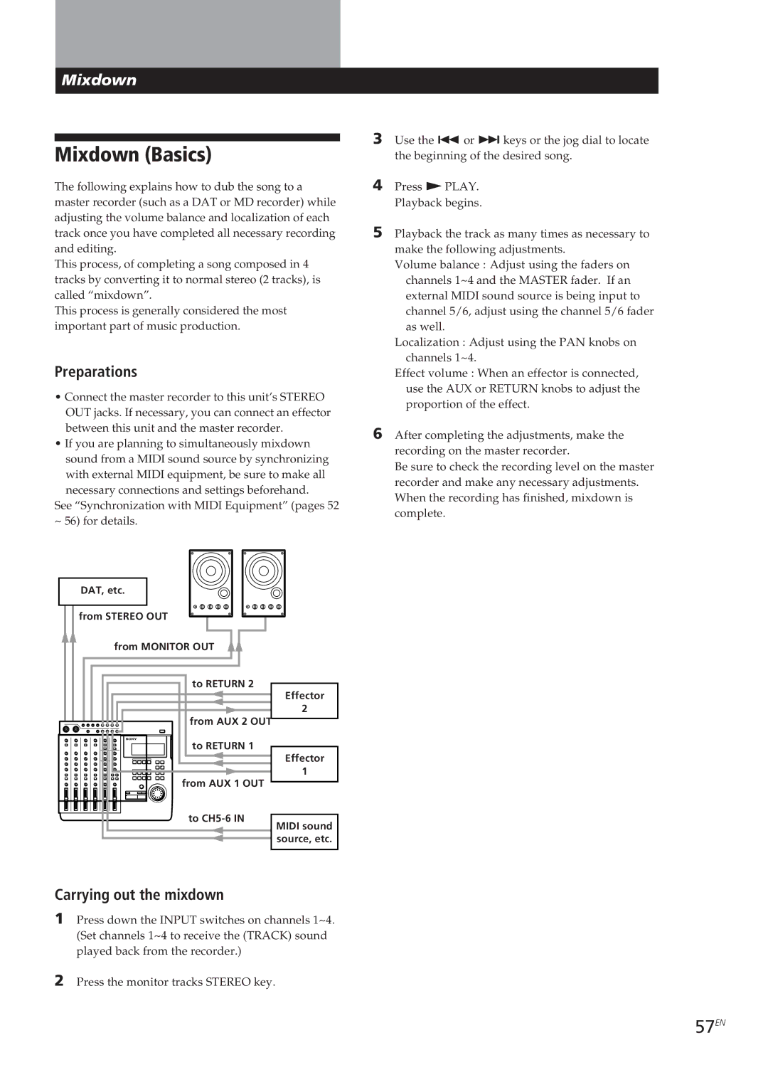 Sony MDM-X4 operating instructions Mixdown Basics, 57EN, Carrying out the mixdown 