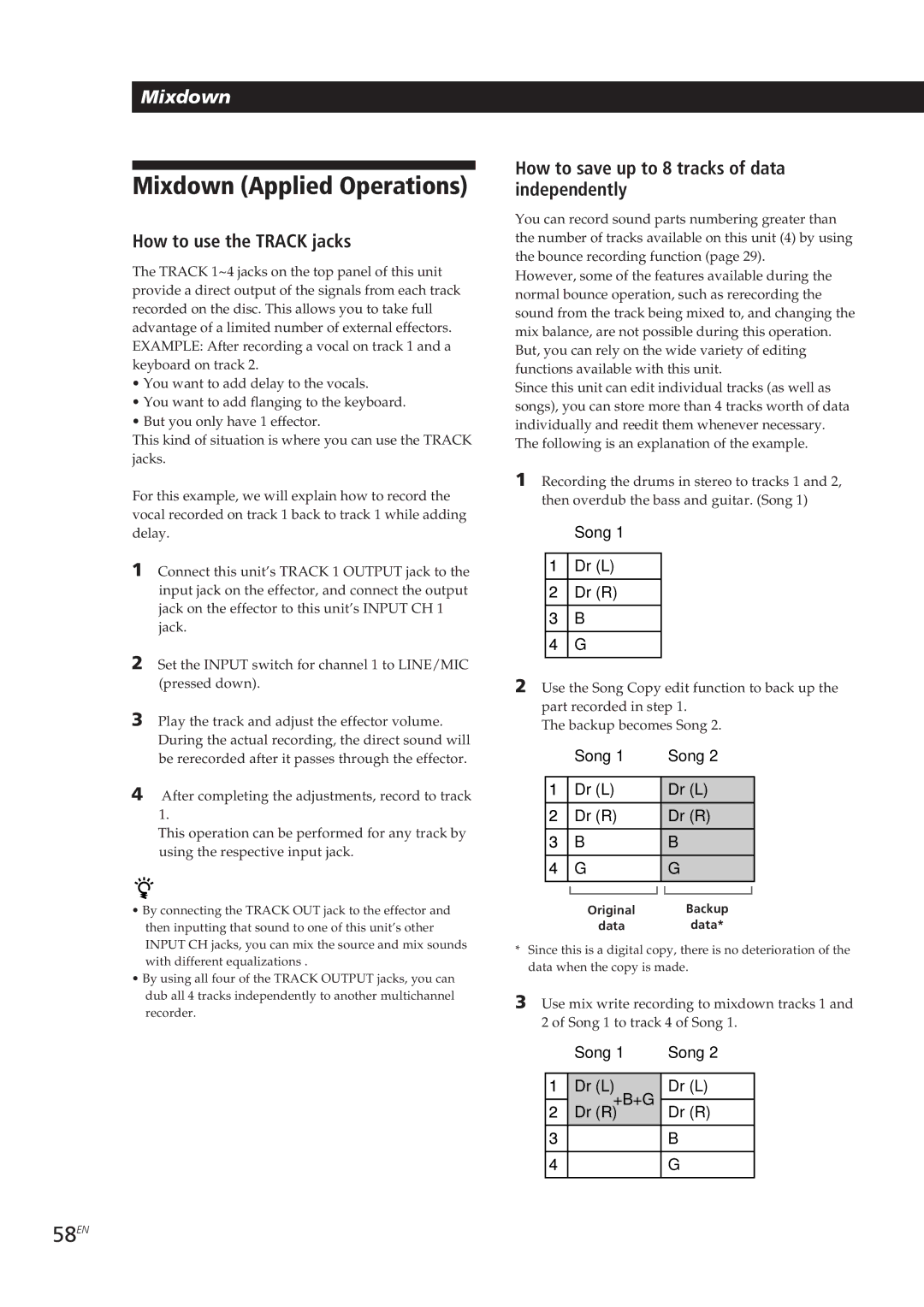 Sony MDM-X4 Mixdown Applied Operations, 58EN, How to use the Track jacks, How to save up to 8 tracks of data independently 