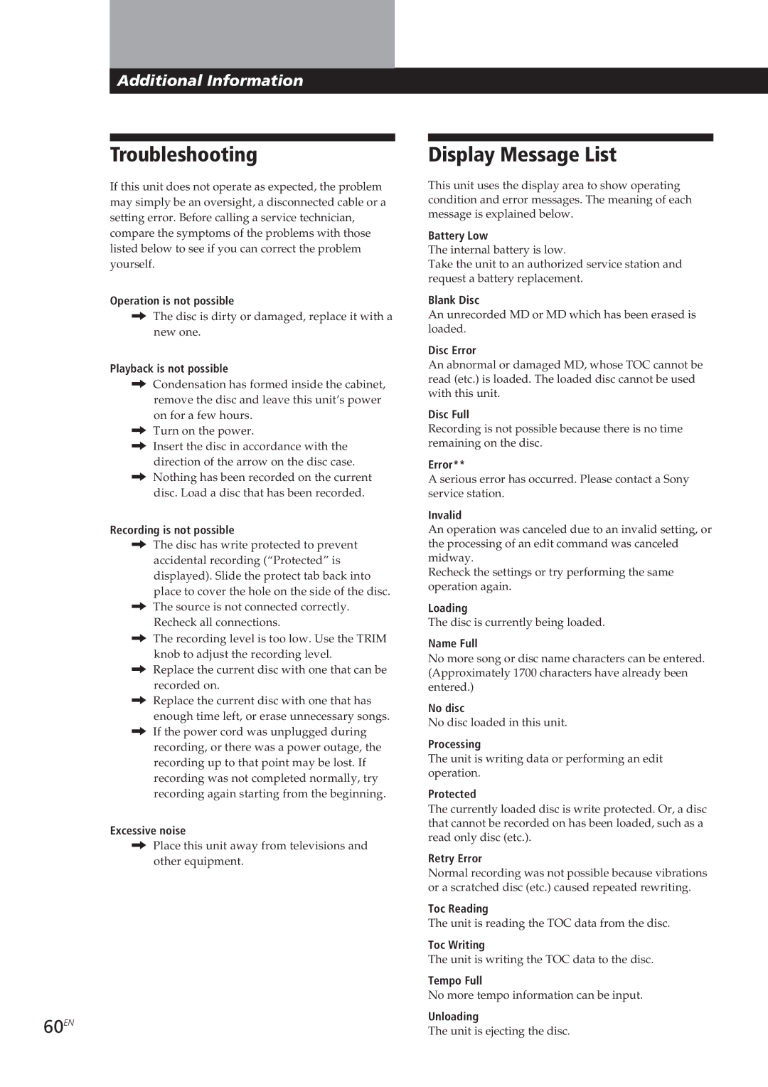 Sony MDM-X4 operating instructions Troubleshooting, Display Message List, 60EN 