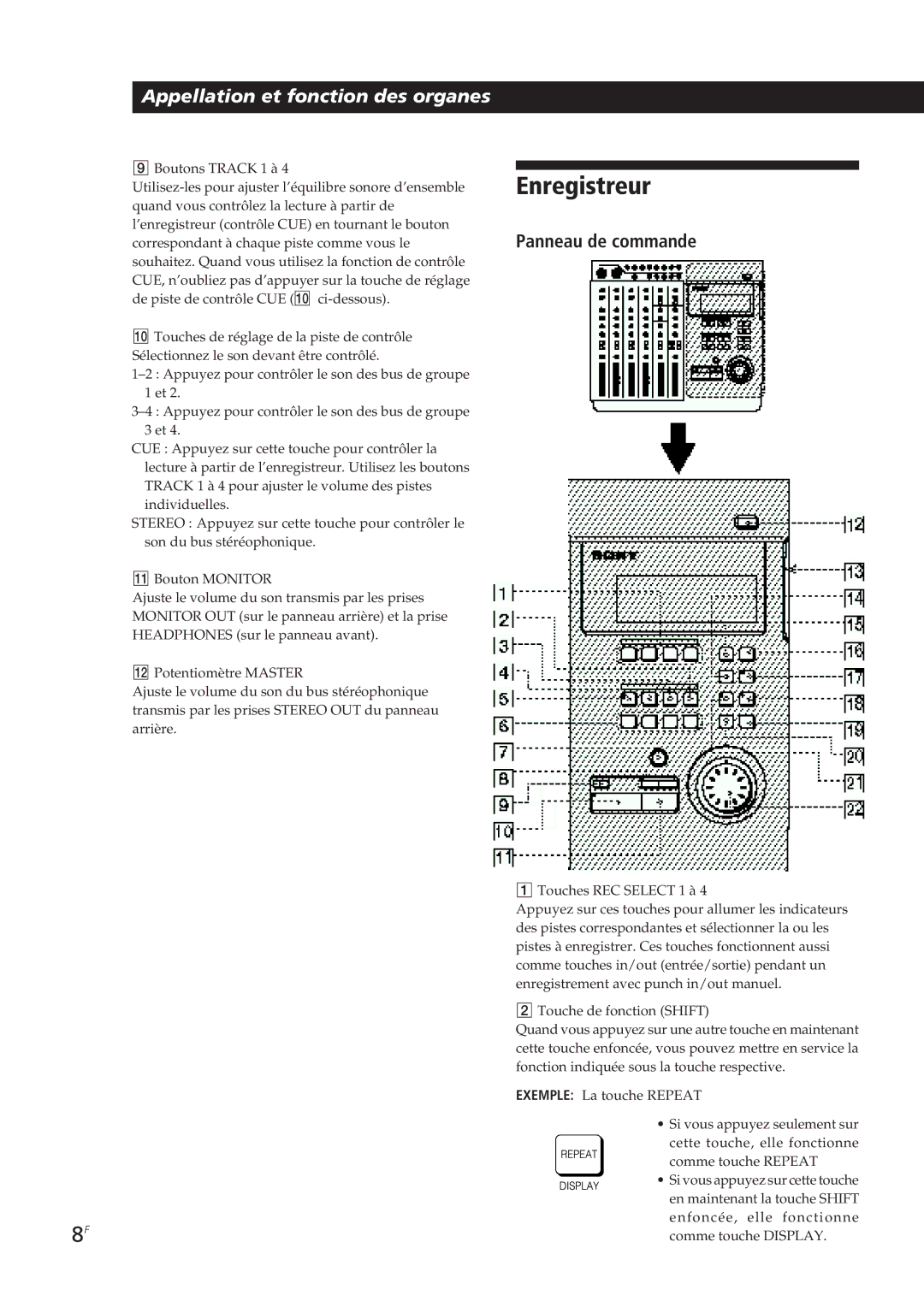 Sony MDM-X4 operating instructions Enregistreur, Panneau de commande 