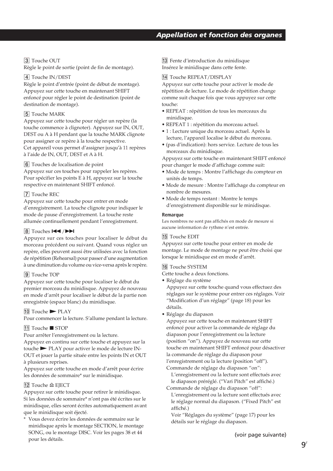 Sony MDM-X4 operating instructions Remarque 