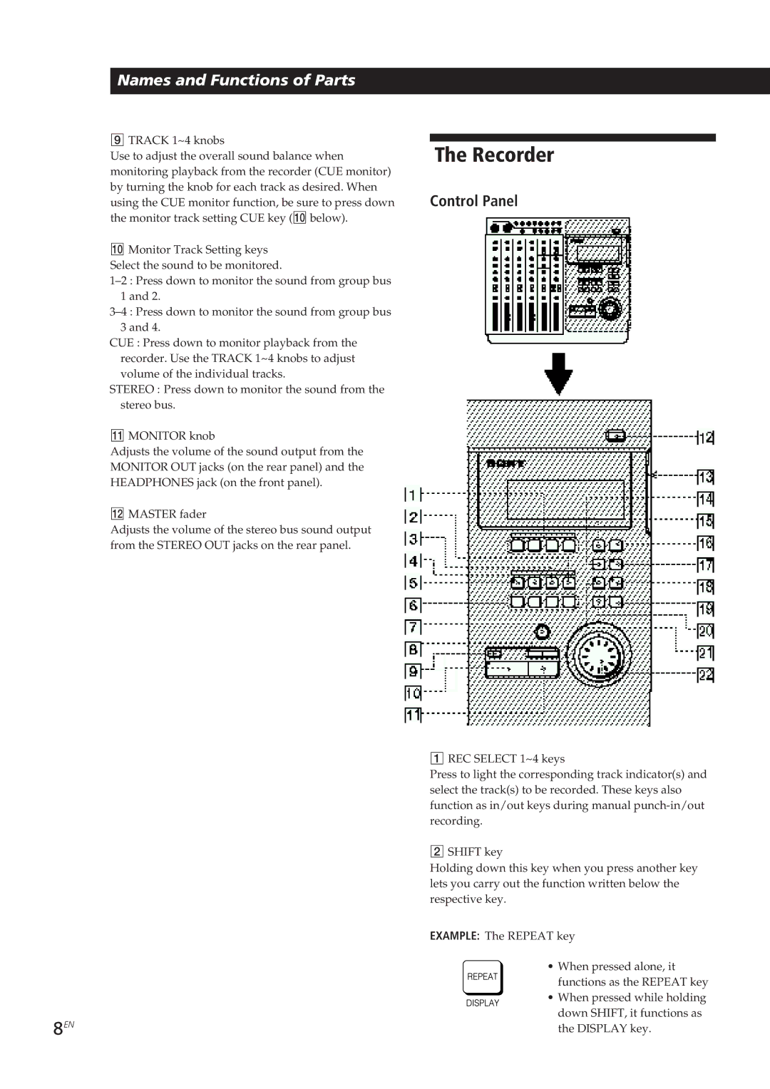 Sony MDM-X4 operating instructions Recorder, Control Panel 