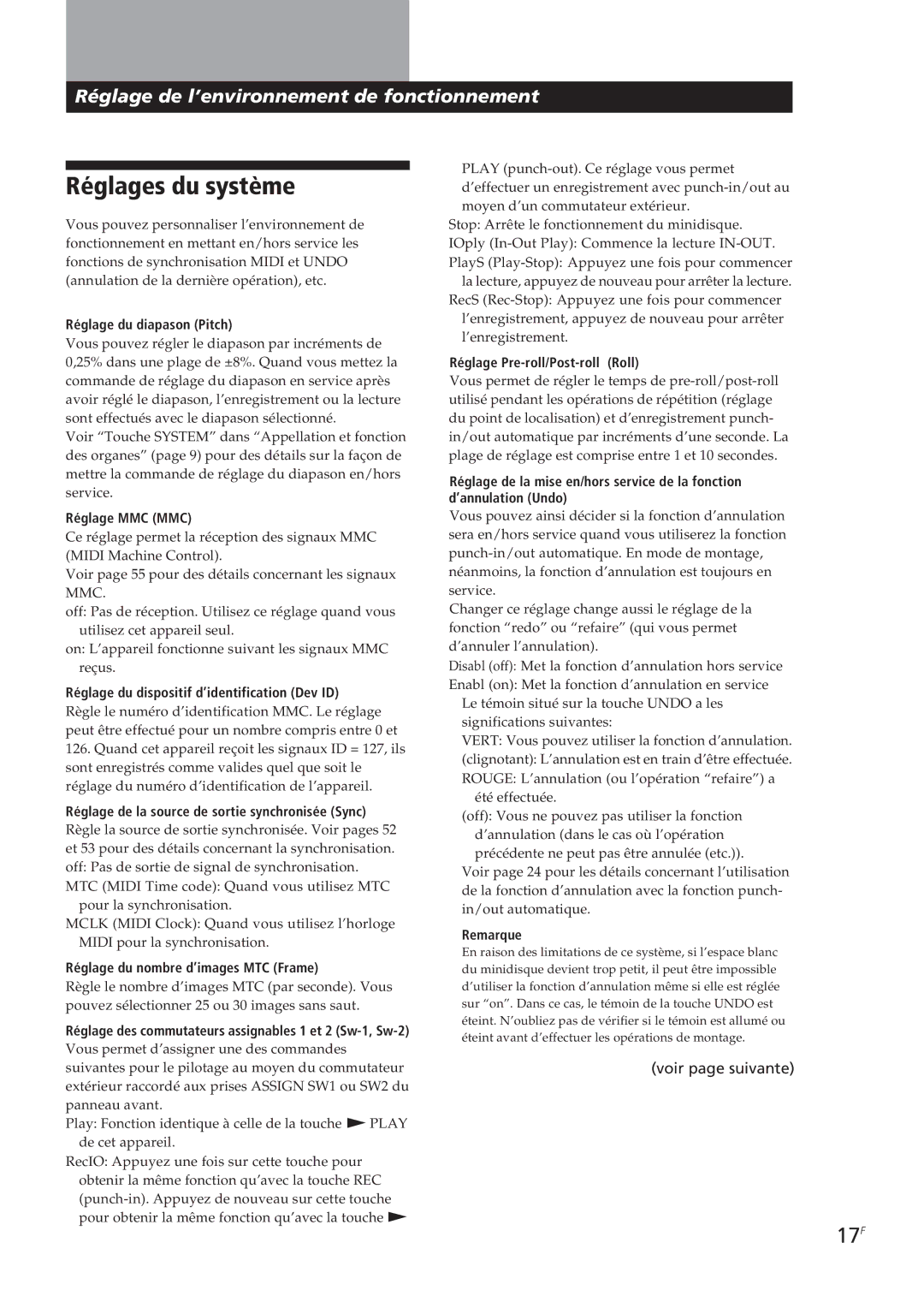 Sony MDM-X4 operating instructions Réglages du système, 17F 