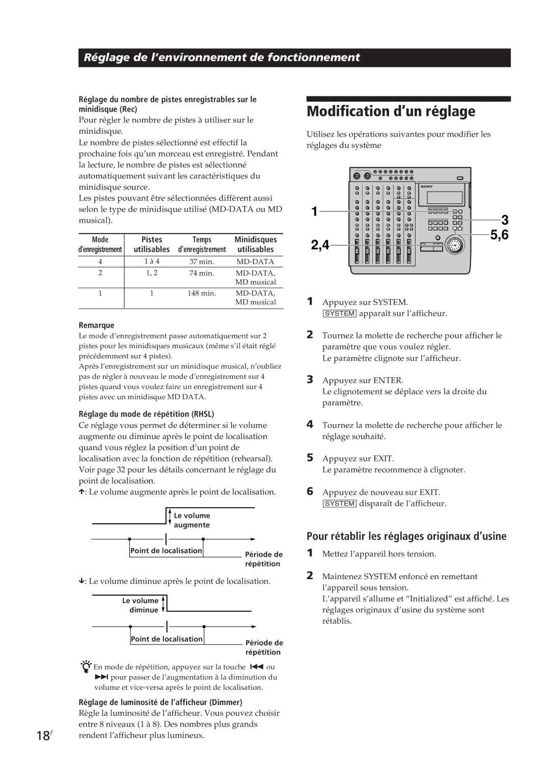 Sony MDM-X4 operating instructions Modification d’un réglage, 18F, Pour rétablir les réglages originaux d’usine 