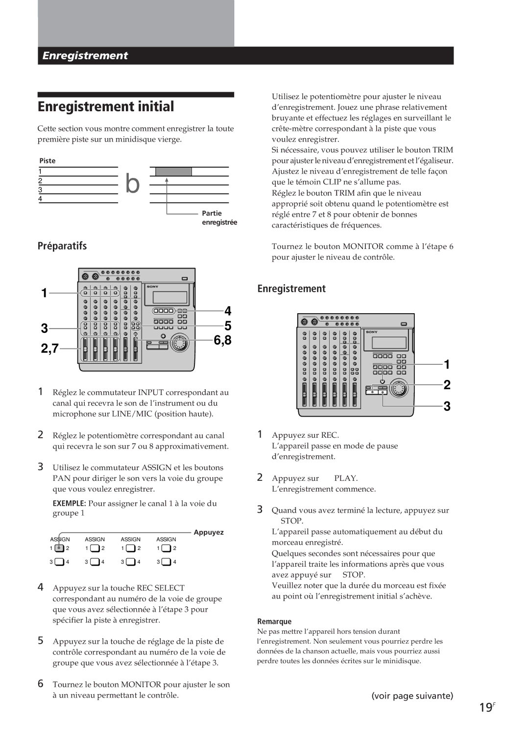 Sony MDM-X4 operating instructions Enregistrement initial, 19F, Préparatifs 