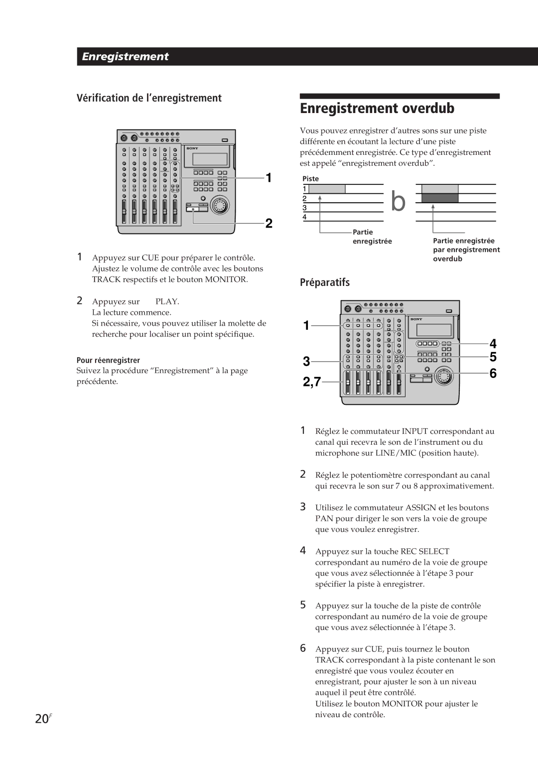 Sony MDM-X4 operating instructions Enregistrement overdub, Pour réenregistrer 