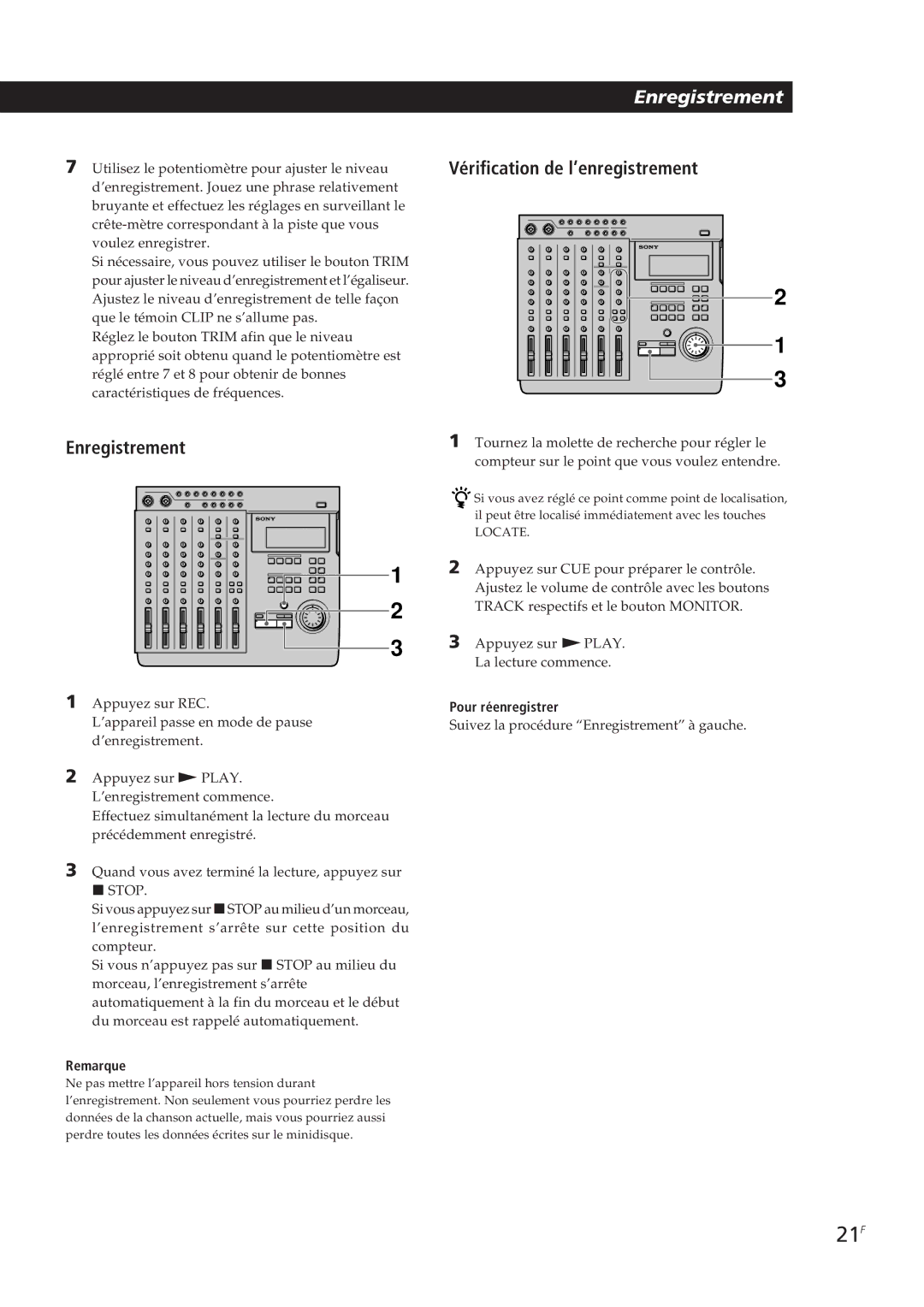 Sony MDM-X4 operating instructions 21F, Vérification de l’enregistrement 