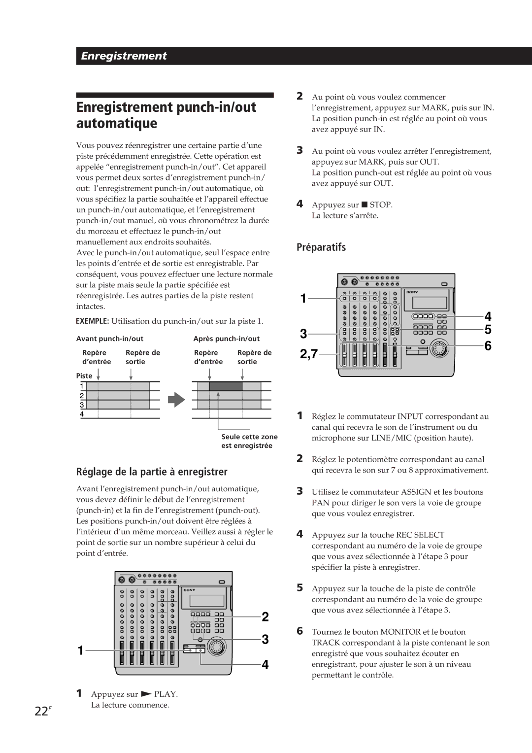 Sony MDM-X4 operating instructions Enregistrement punch-in/out automatique, 22F, Réglage de la partie à enregistrer 