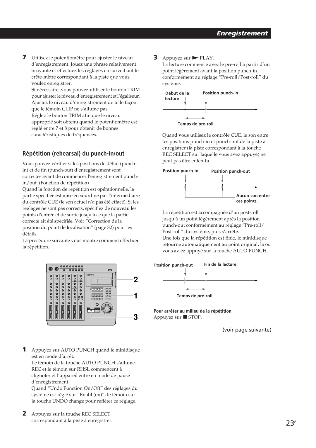 Sony MDM-X4 operating instructions Répétition rehearsal du punch-in/out, Pour arrêter au milieu de la répétition 