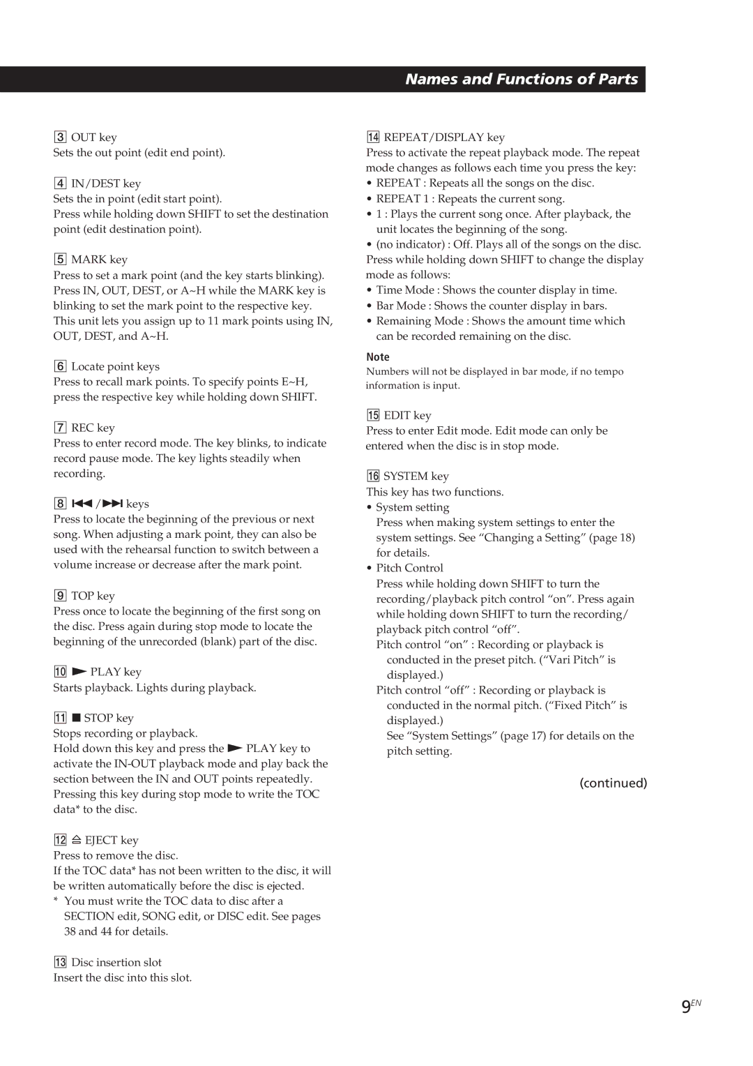 Sony MDM-X4 operating instructions 9EN 