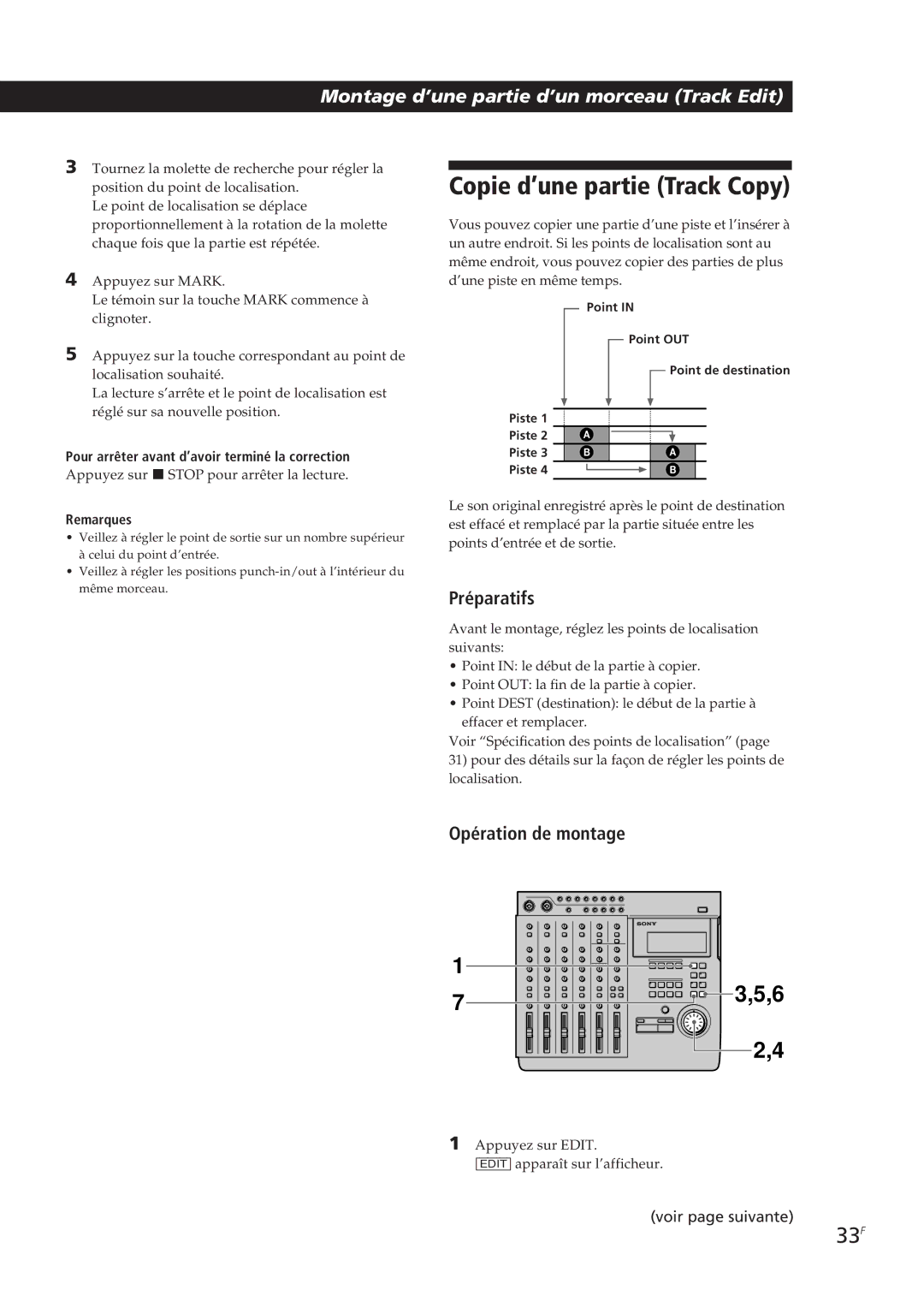 Sony MDM-X4 Copie d’une partie Track Copy, 33F, Opération de montage, Pour arrêter avant d’avoir terminé la correction 