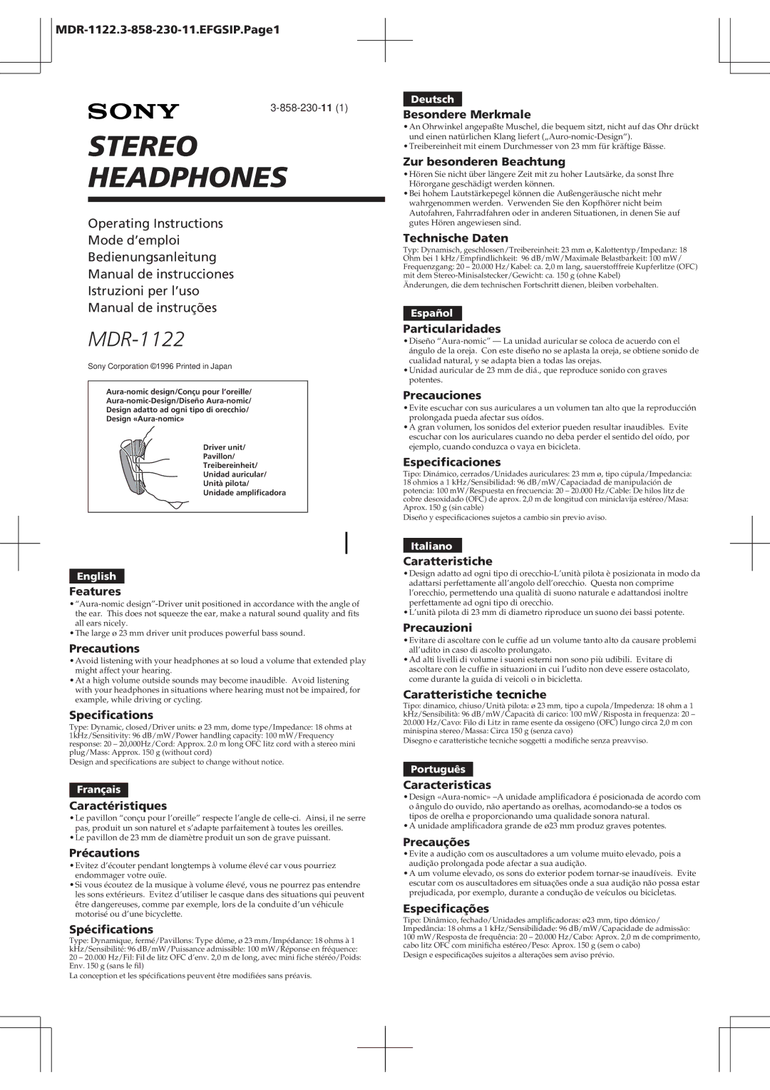 Sony specifications MDR-1122.3-858-230-11.EFGSIP.Page1, Features, Precautions, Specifications, Caractéristiques 