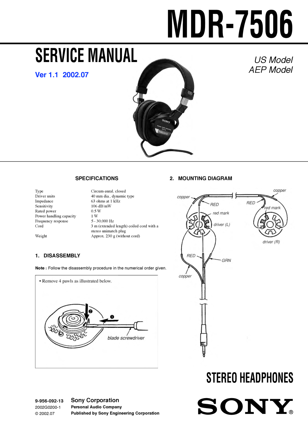 Sony MDR-7506 service manual Specifications Mounting Diagram, Disassembly 