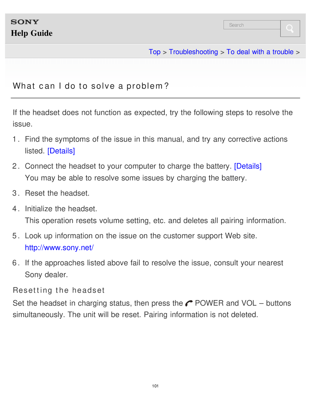 Sony MDR-AS700BT manual What can I do to solve a problem?, Resetting the headset 