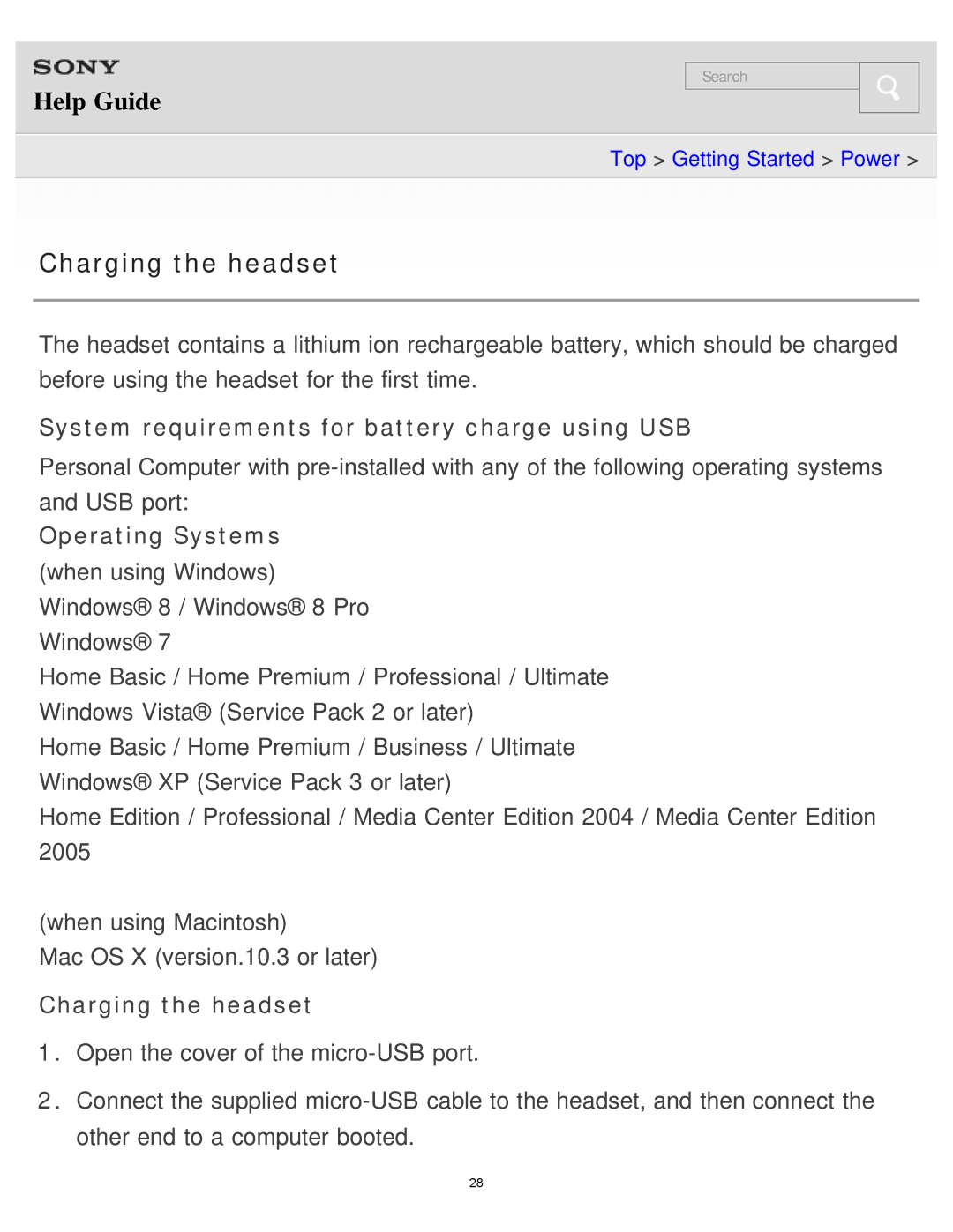 Sony MDR-AS700BT manual Charging the headset, System requirements for battery charge using USB, Operating Systems 