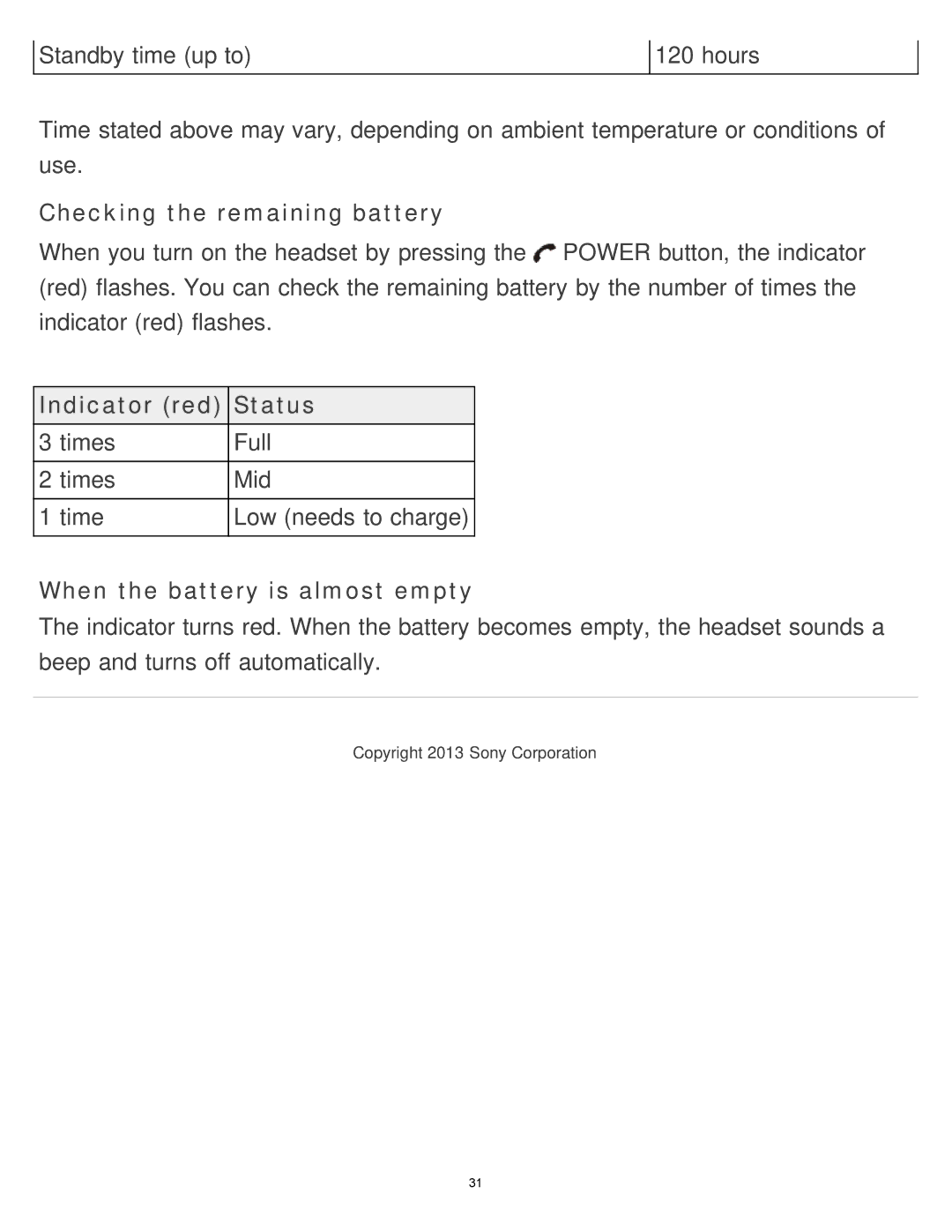 Sony MDR-AS700BT manual Checking the remaining battery, Indicator red Status, When the battery is almost empty 