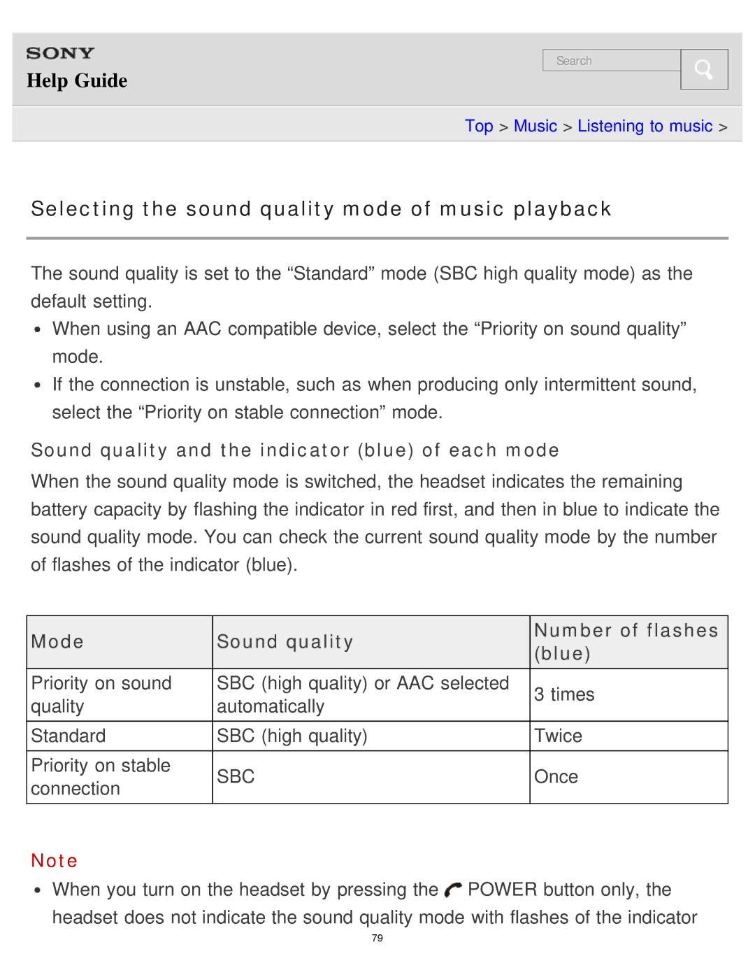 Sony MDR-AS700BT Selecting the sound quality mode of music playback, Sound quality and the indicator blue of each mode 