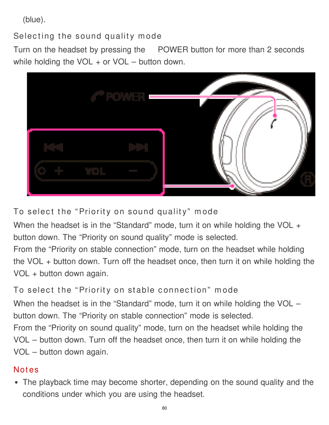 Sony MDR-AS700BT manual Selecting the sound quality mode, To select the Priority on sound quality mode 