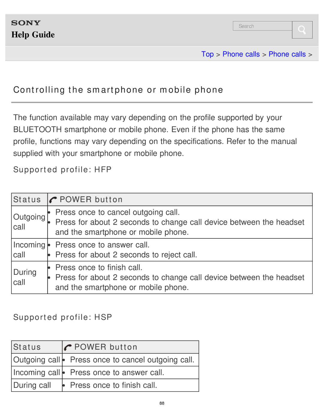 Sony MDR-AS700BT manual Controlling the smartphone or mobile phone, Supported profile HFP Status Power button 