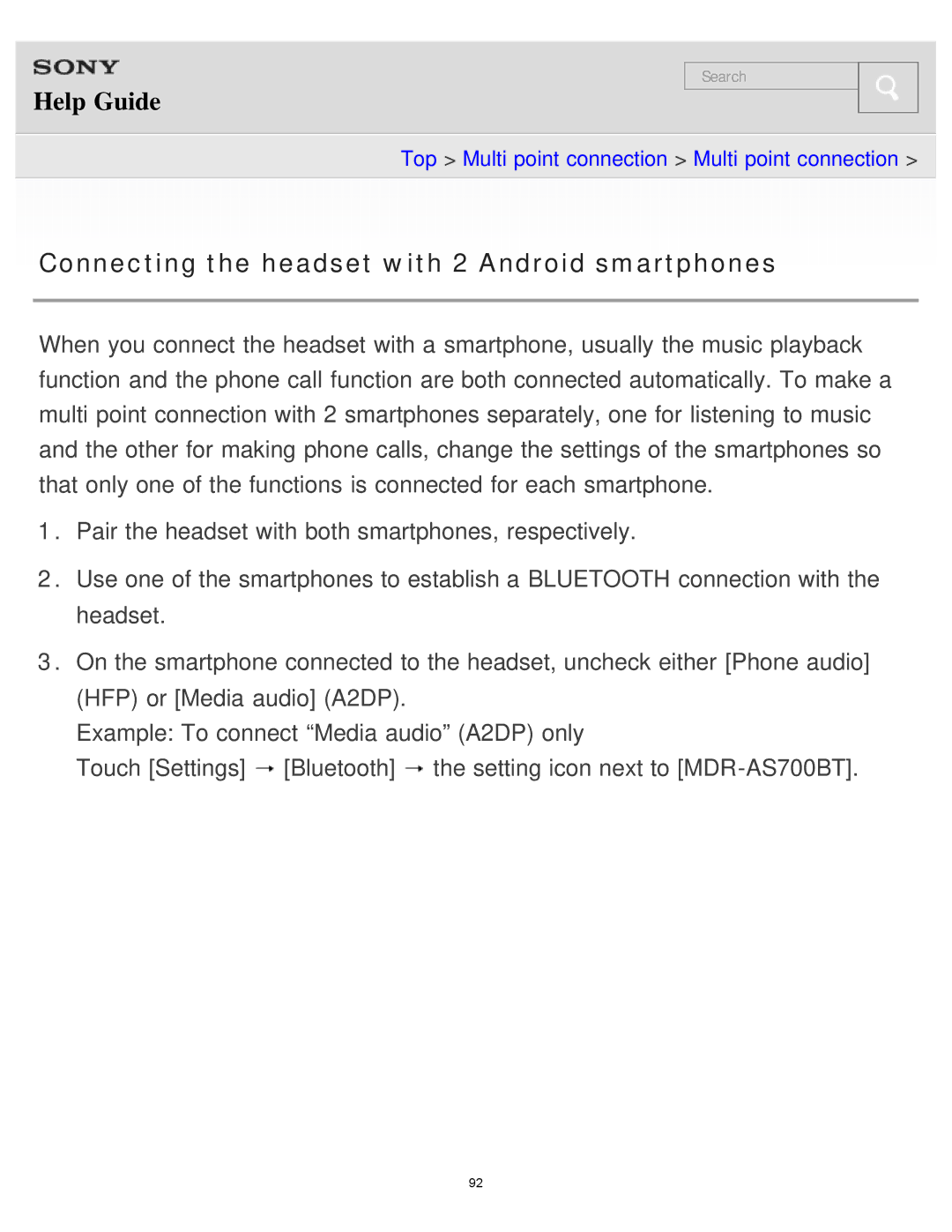 Sony MDR-AS700BT manual Connecting the headset with 2 Android smartphones 