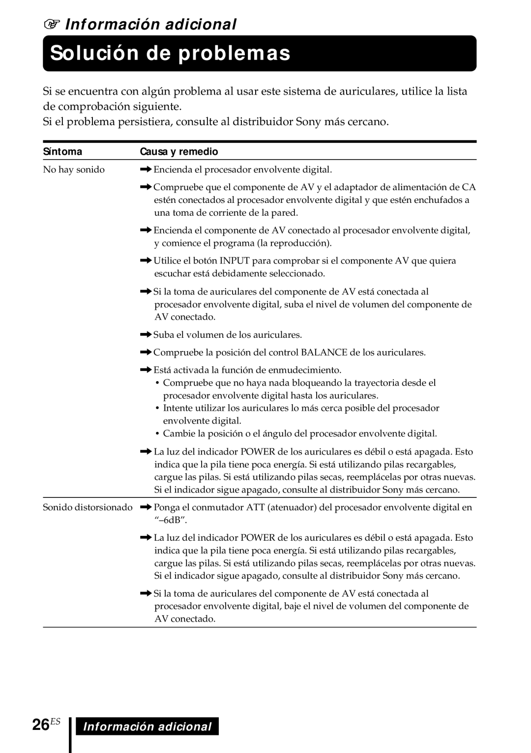 Sony MDR DS5000 operating instructions Solución de problemas, 26ES, Información adicional, Síntoma Causa y remedio 