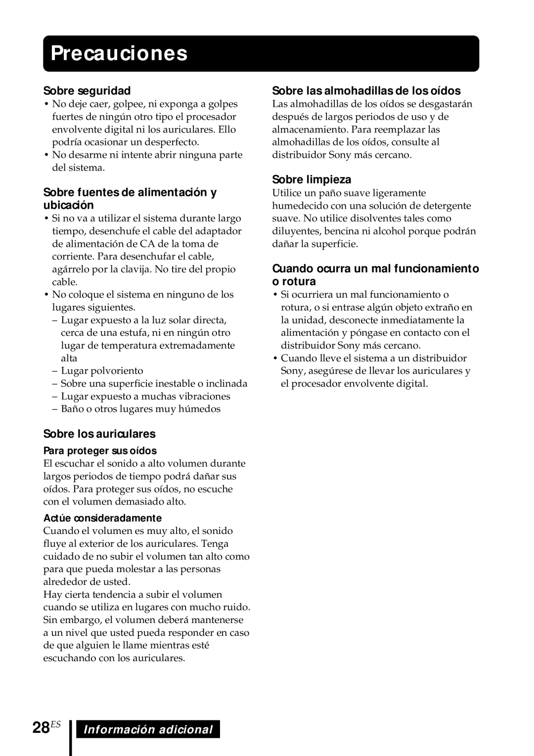 Sony MDR DS5000 operating instructions Precauciones, 28ES 