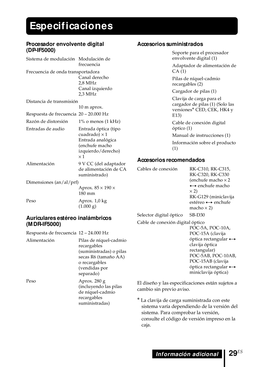 Sony MDR DS5000 operating instructions Especificaciones, 29ES 