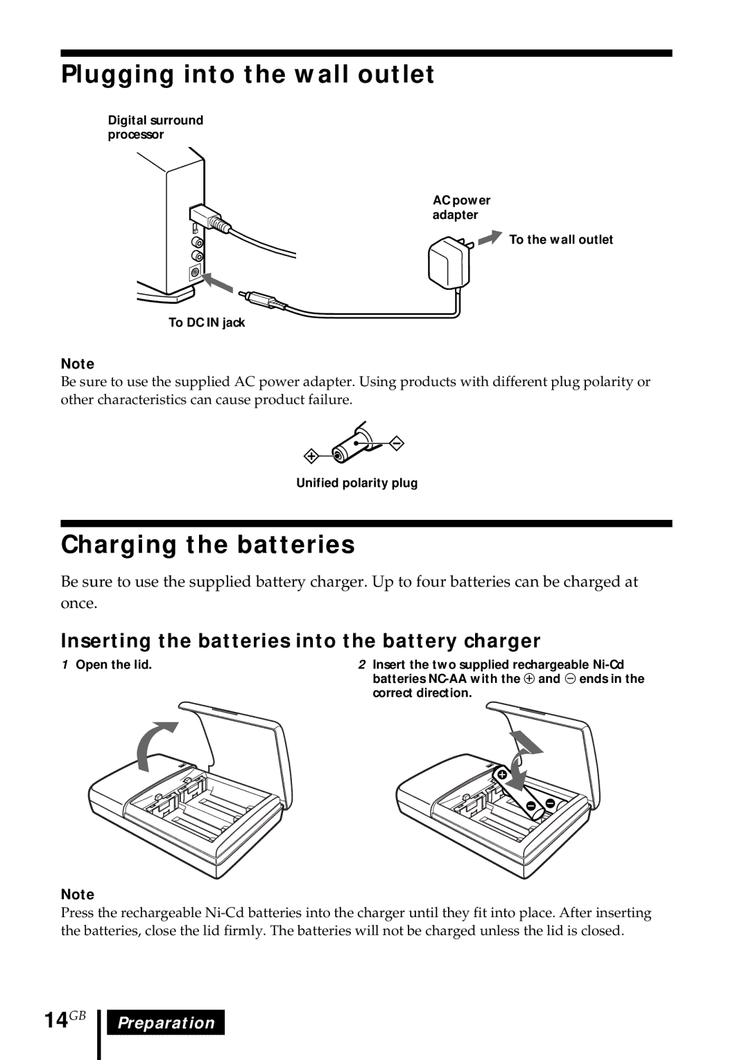 Sony MDR DS5000 operating instructions Plugging into the wall outlet, Charging the batteries, 14GB 