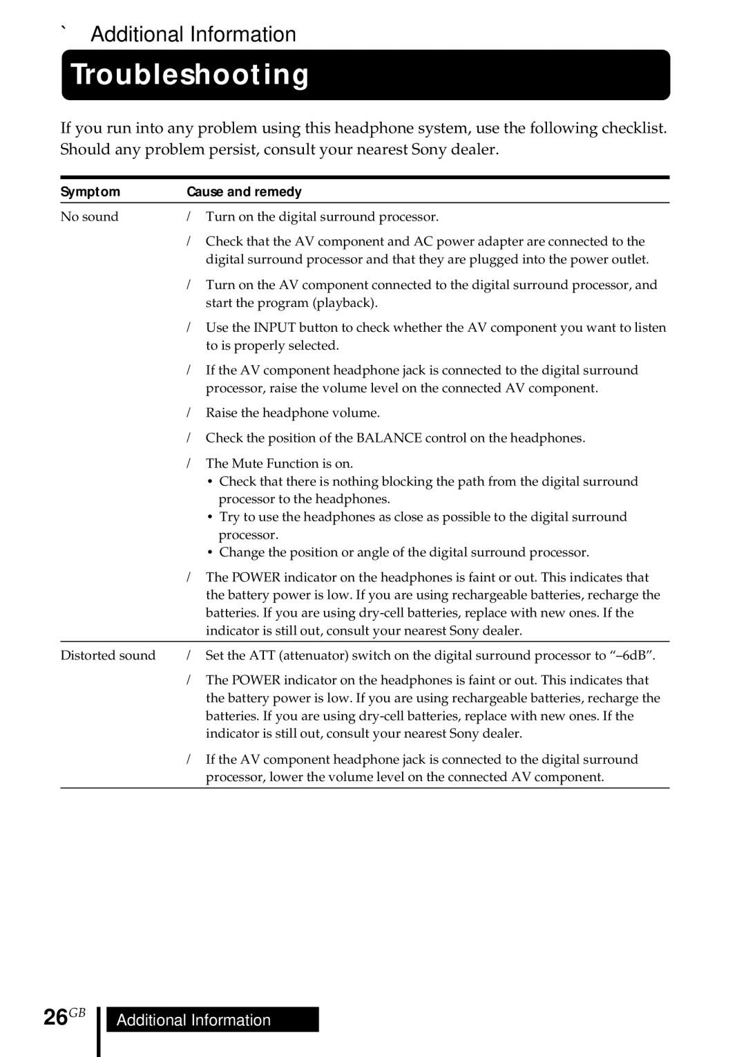 Sony MDR DS5000 operating instructions Troubleshooting, 26GB, Additional Information 