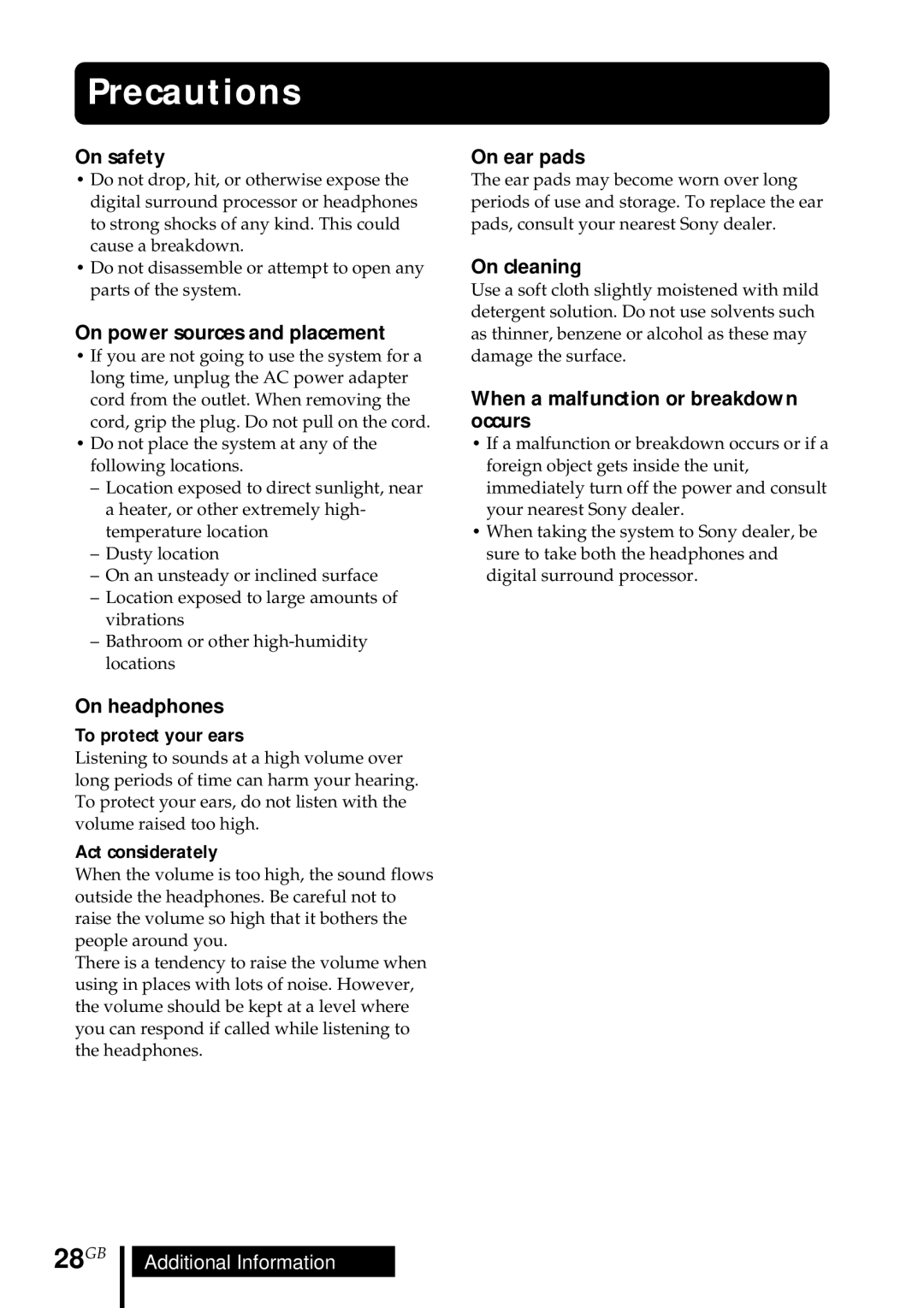 Sony MDR DS5000 operating instructions Precautions, 28GB 