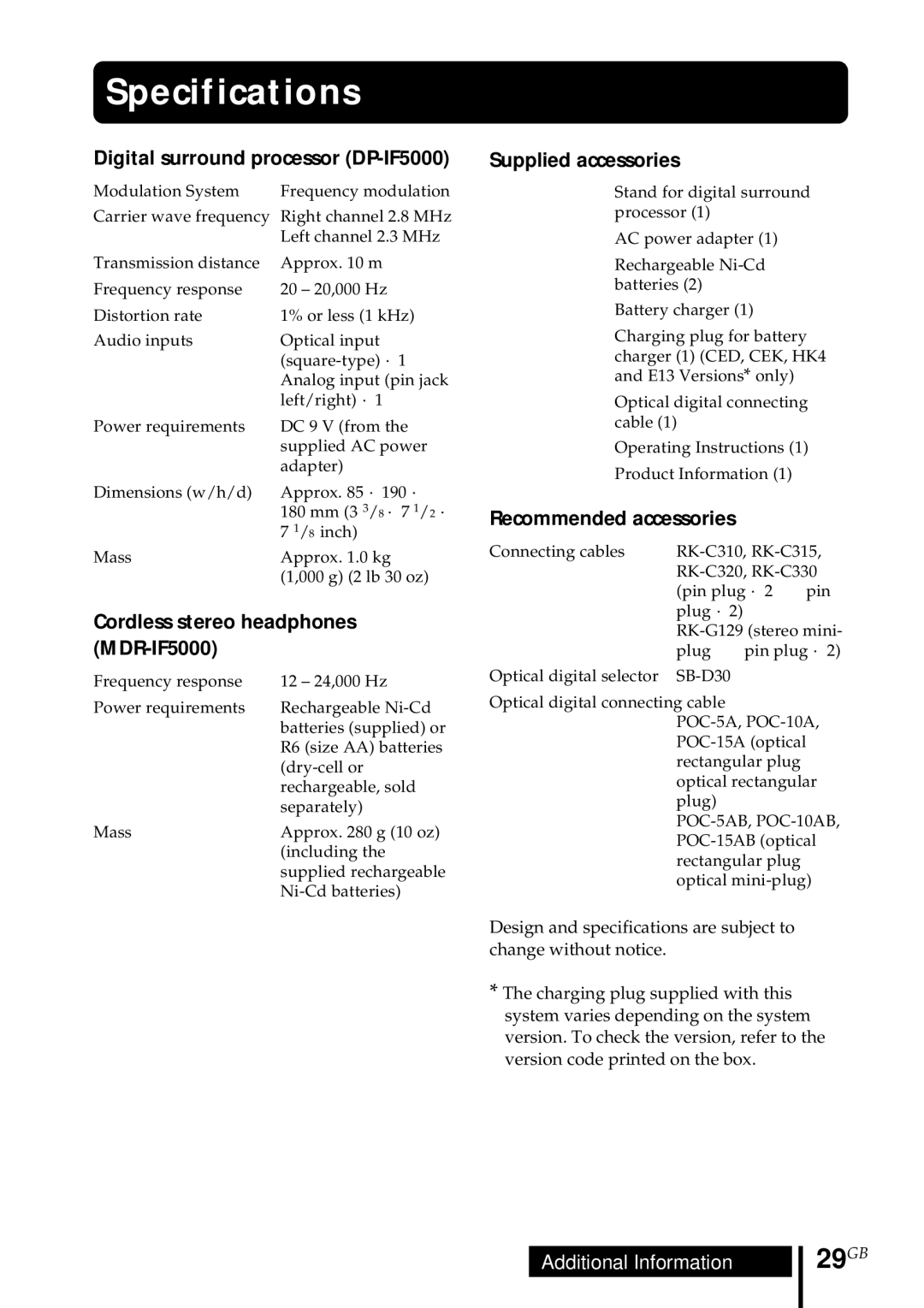 Sony MDR DS5000 operating instructions Specifications, 29GB 