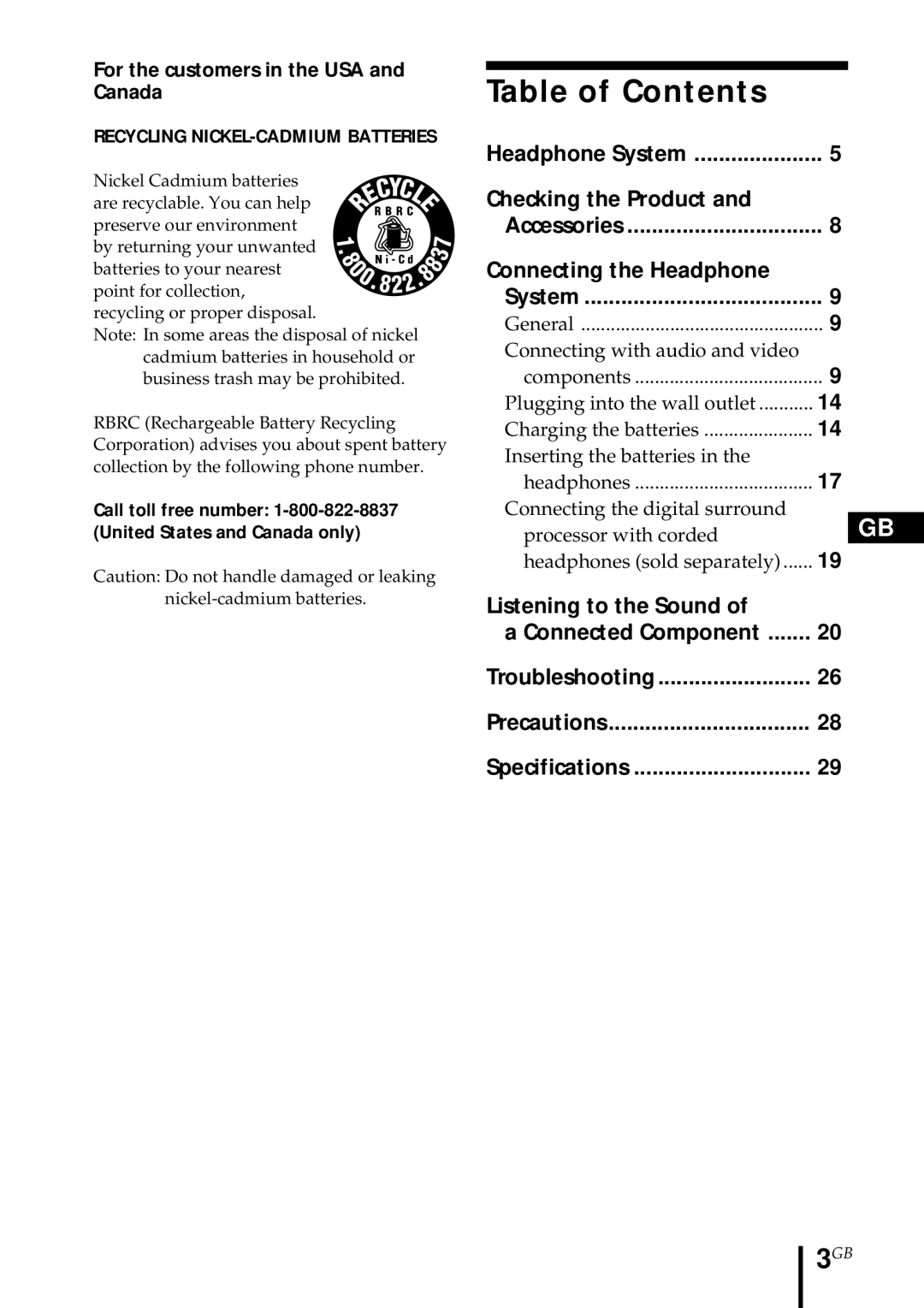 Sony MDR DS5000 operating instructions Table of Contents 